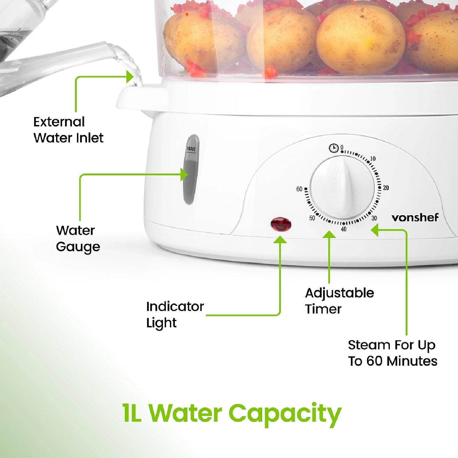 White - VonShef - 3 Tier Food Steamer - 800W - 5