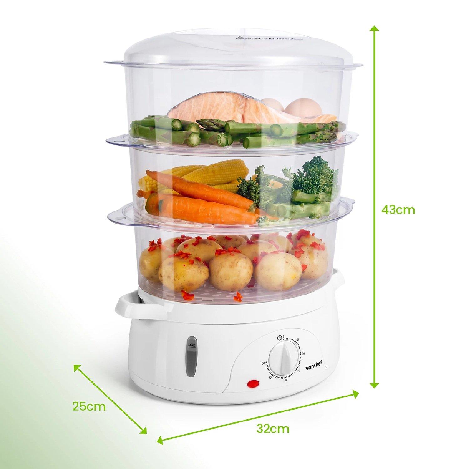 White - VonShef - 3 Tier Food Steamer - 800W - 8