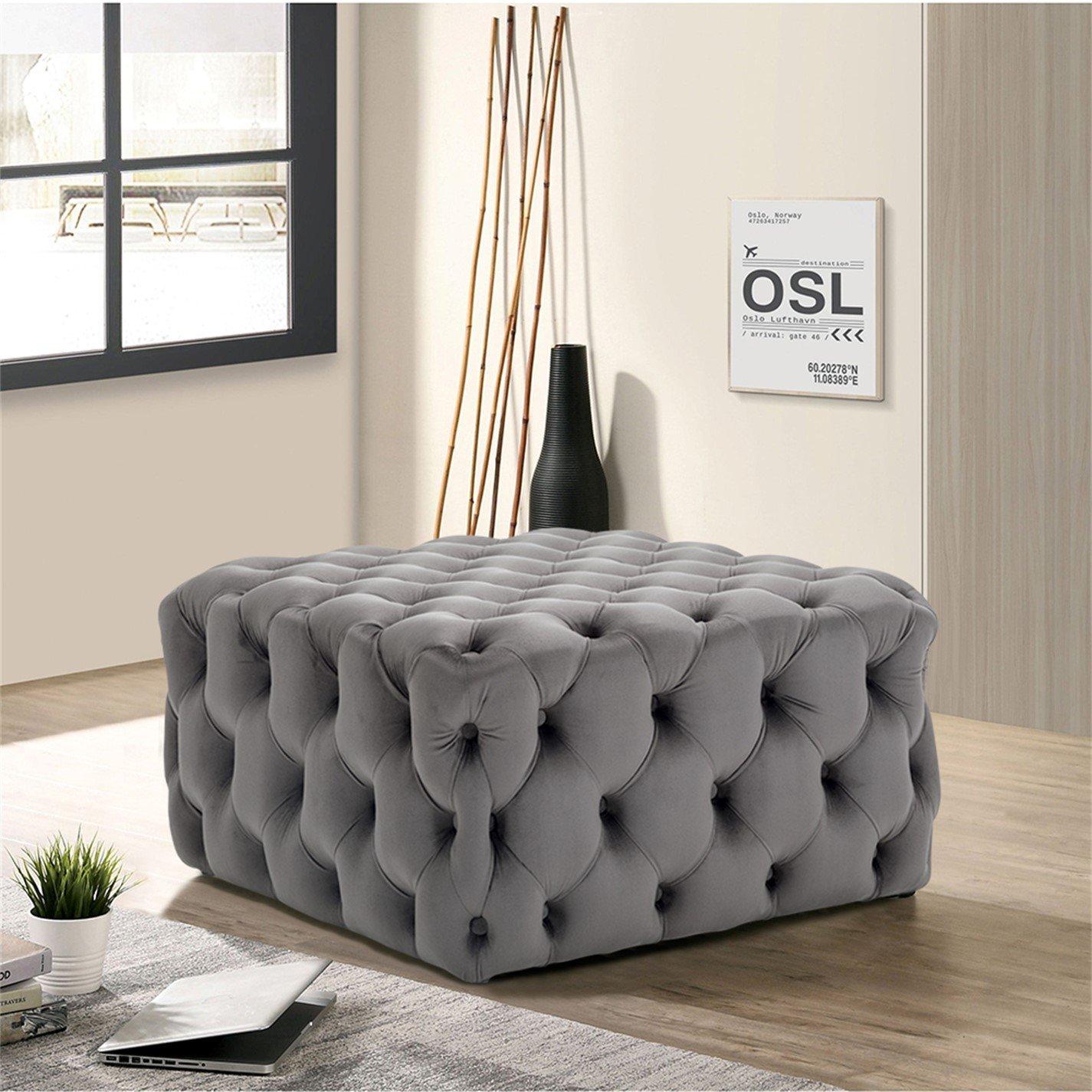 Grey - Kabinet UK - Square Velvet Upholstered Buttoned Footstool Grey - 1