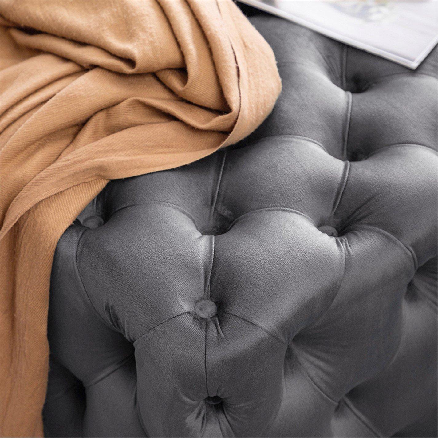 Grey - Kabinet UK - Square Velvet Upholstered Buttoned Footstool Grey - 5