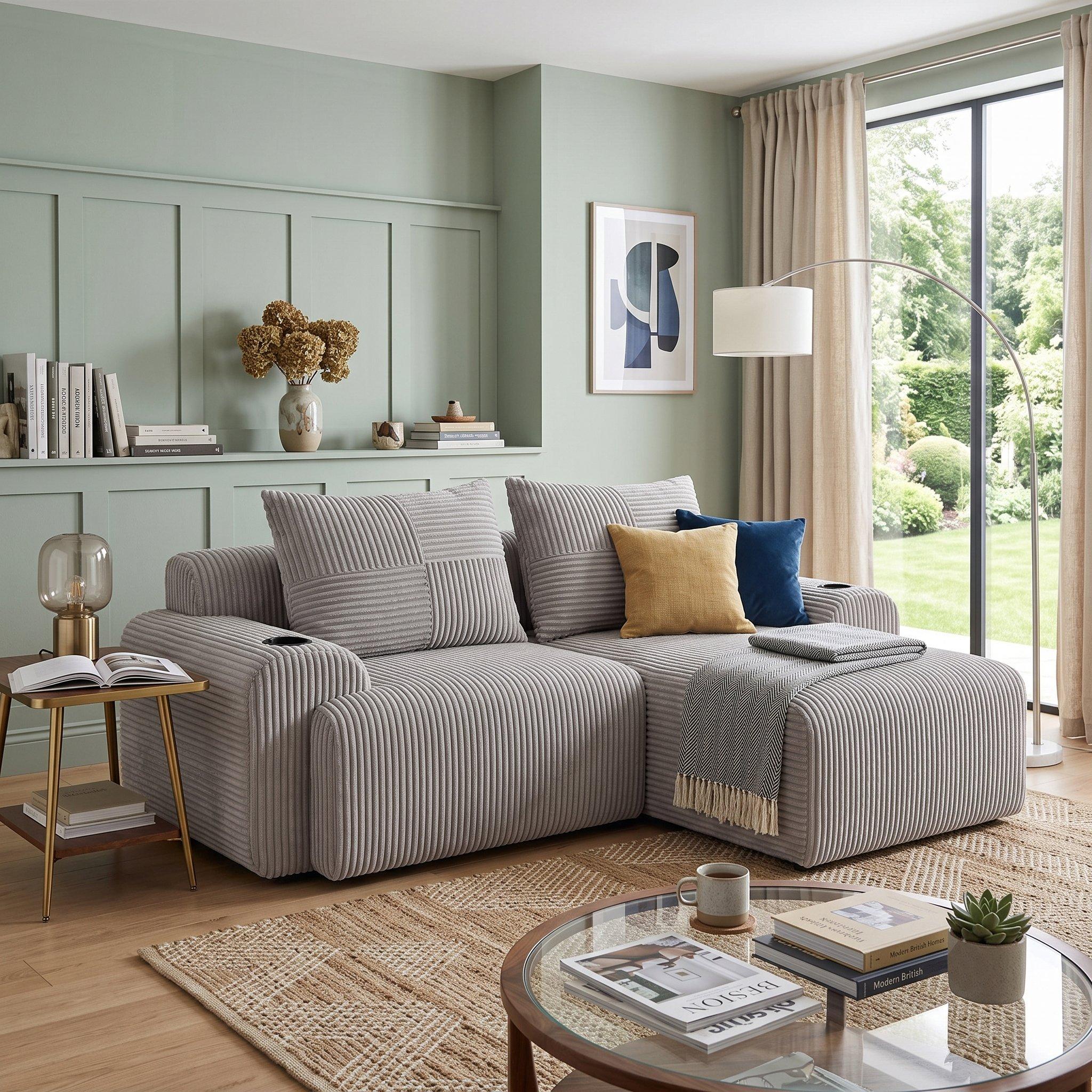 Light Gray - Urban Meuble - Modular Corduroy Sofa with Ottomans - 2