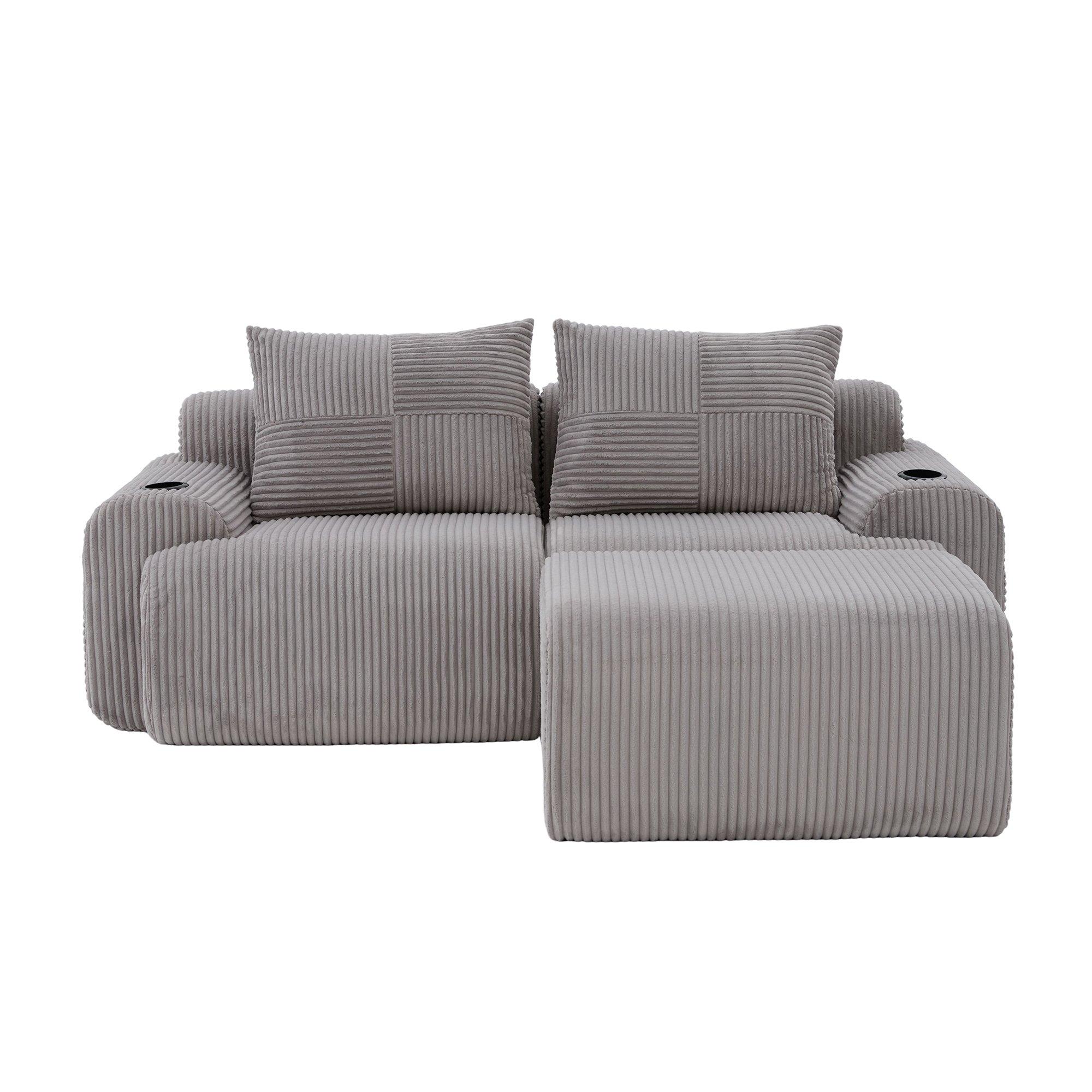 Light Gray - Urban Meuble - Modular Corduroy Sofa with Ottomans - 11