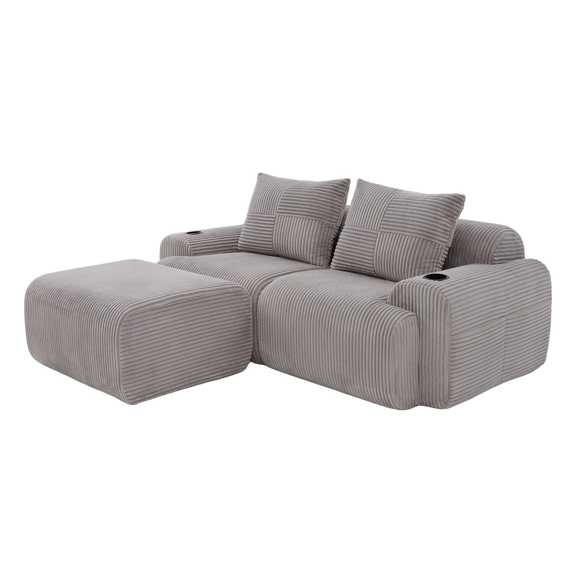 Light Gray - Urban Meuble - Modular Corduroy Sofa with Ottomans - 12