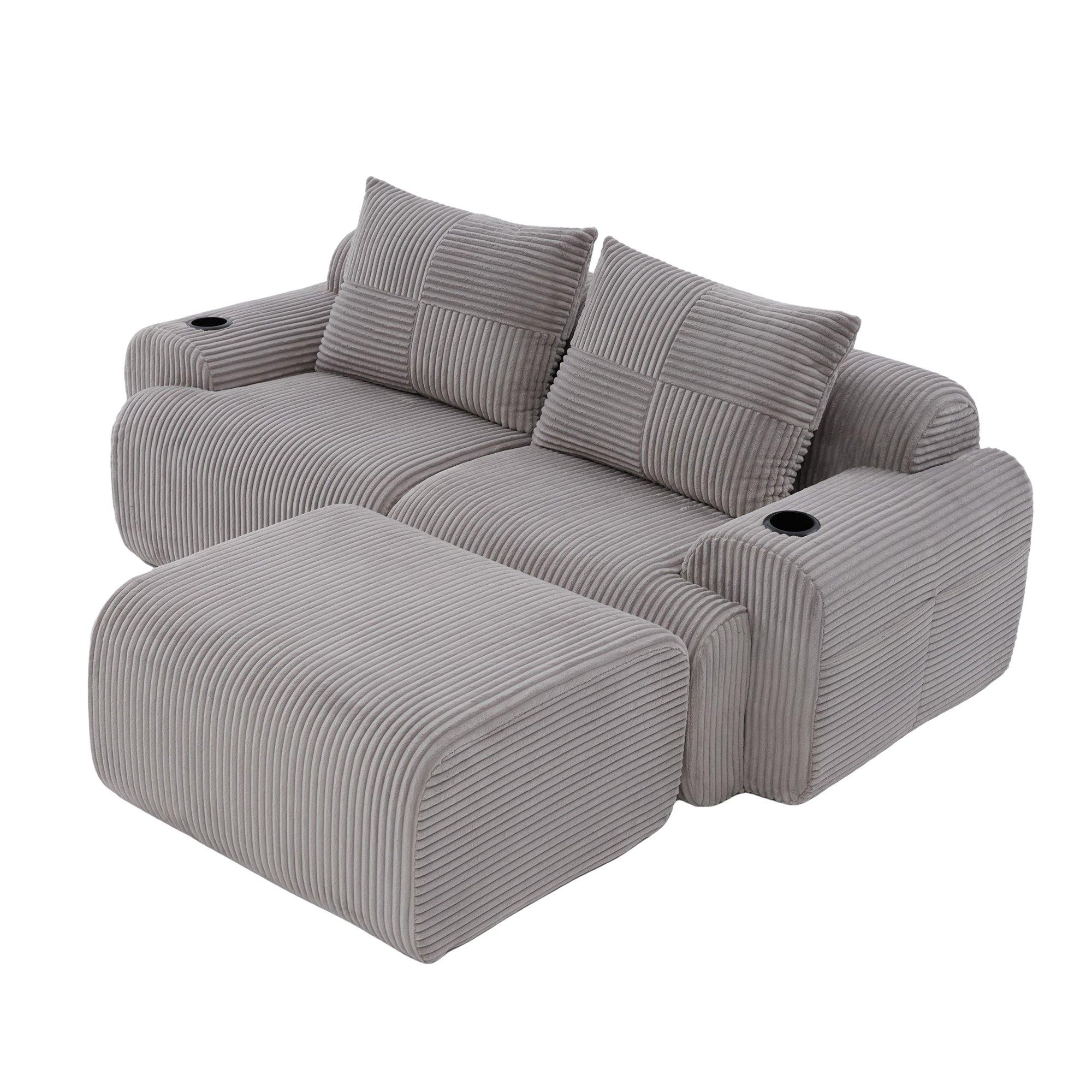 Light Gray - Urban Meuble - Modular Corduroy Sofa with Ottomans - 13