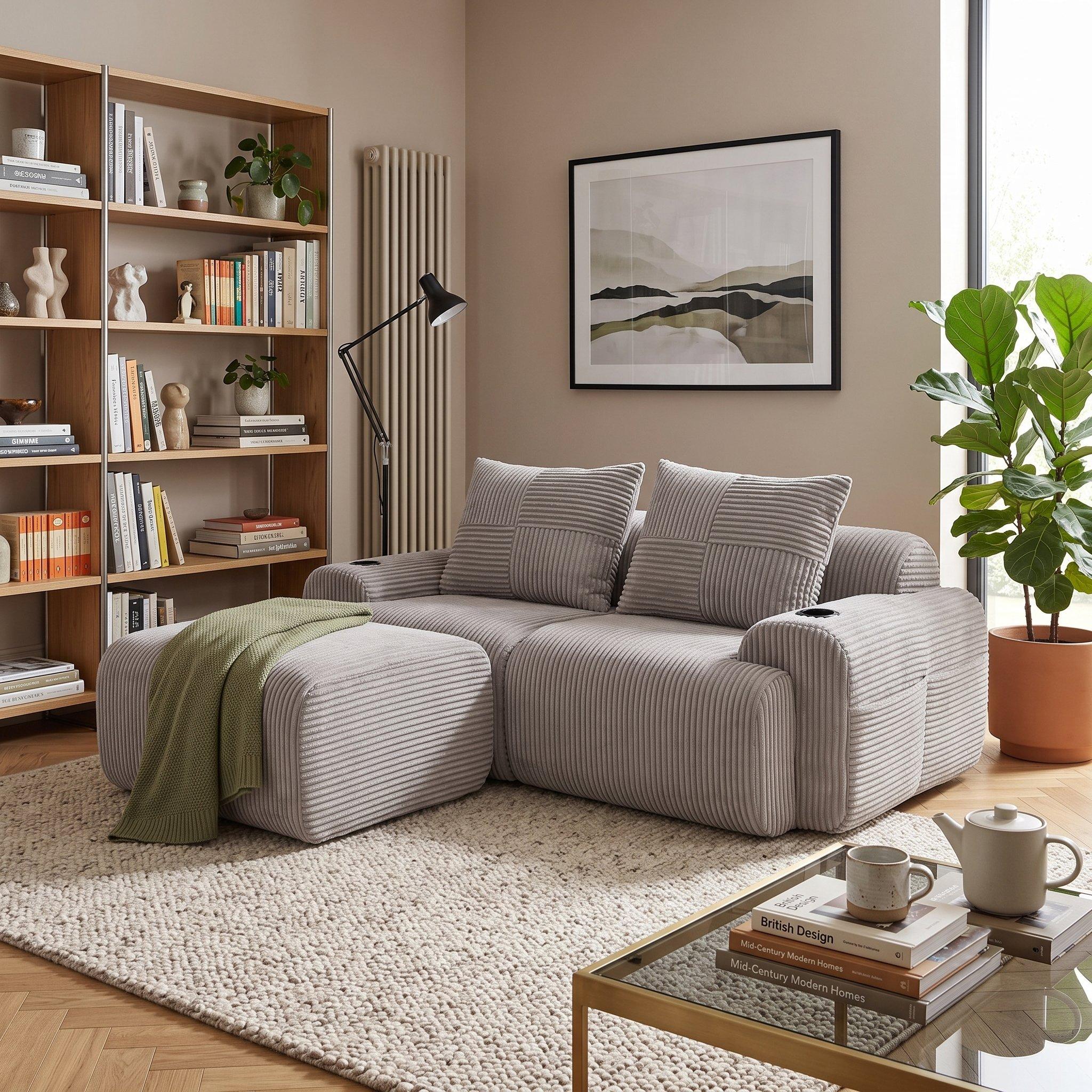 Light Gray - Urban Meuble - Modular Corduroy Sofa with Ottomans - 3