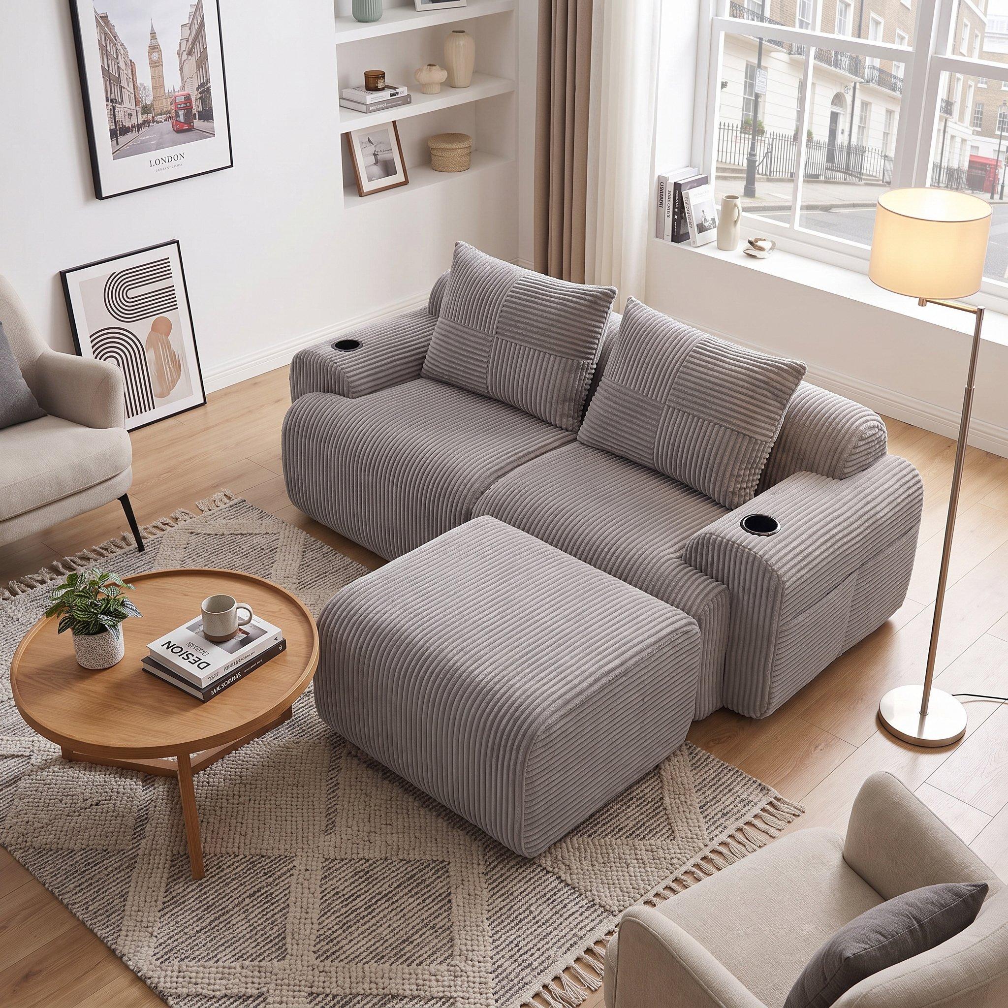 Light Gray - Urban Meuble - Modular Corduroy Sofa with Ottomans - 4