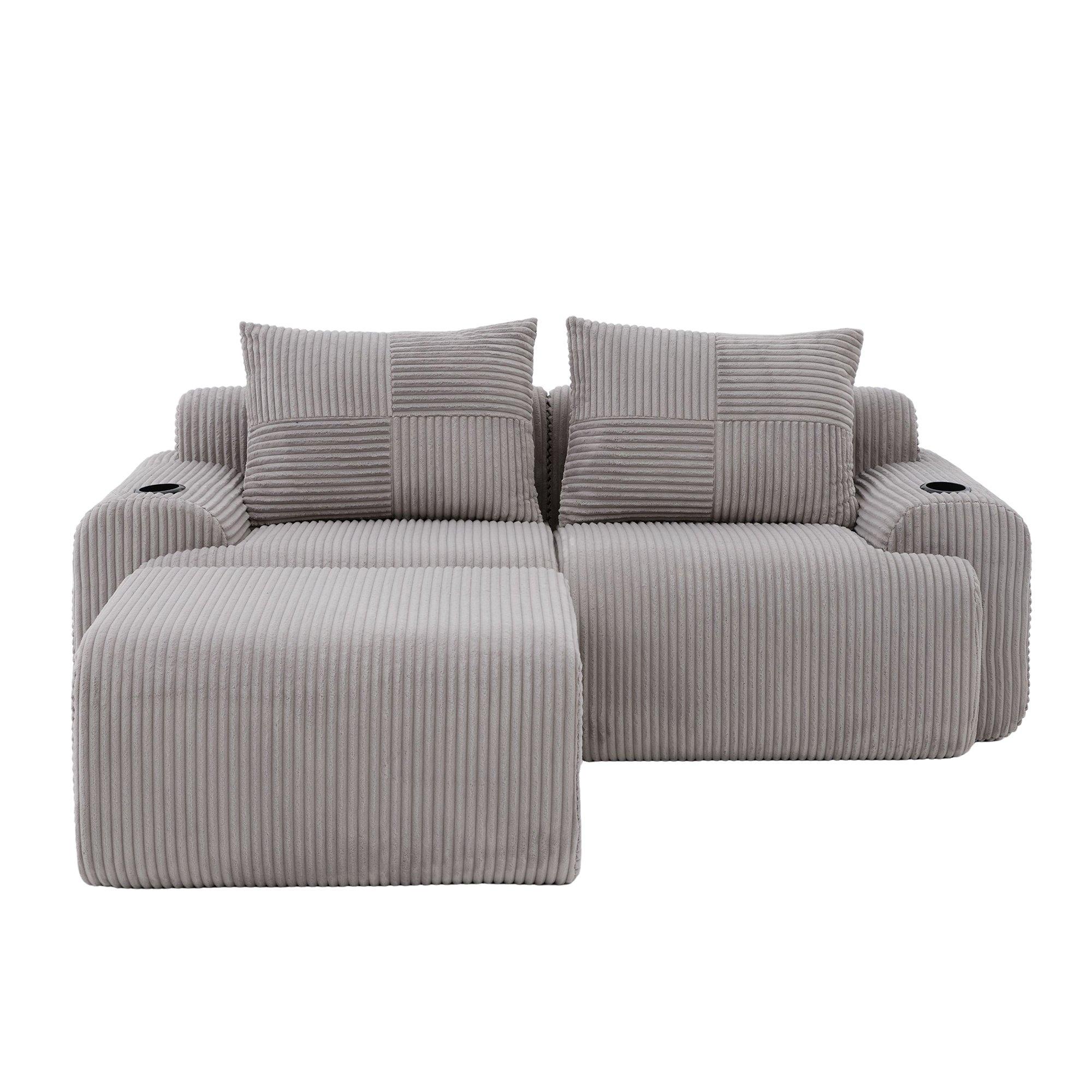 Light Gray - Urban Meuble - Modular Corduroy Sofa with Ottomans - 5