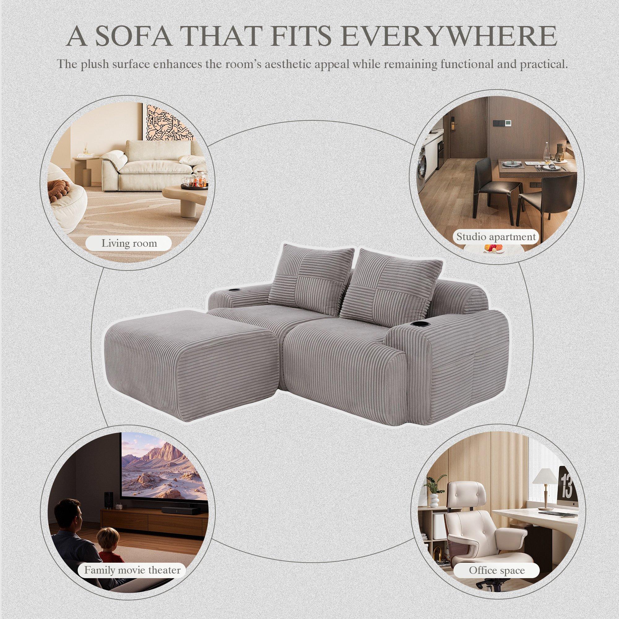 Light Gray - Urban Meuble - Modular Corduroy Sofa with Ottomans - 7