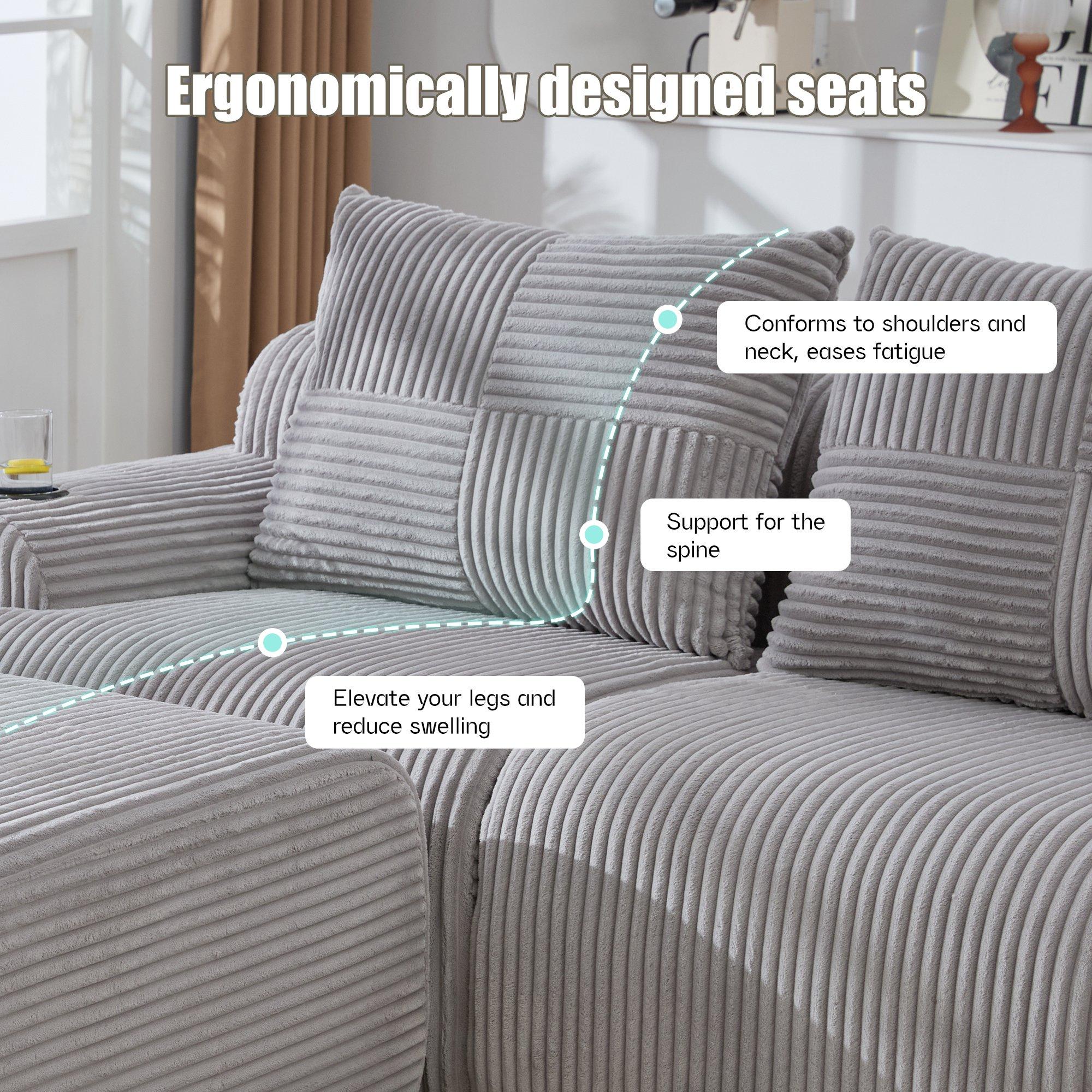 Light Gray - Urban Meuble - Modular Corduroy Sofa with Ottomans - 8