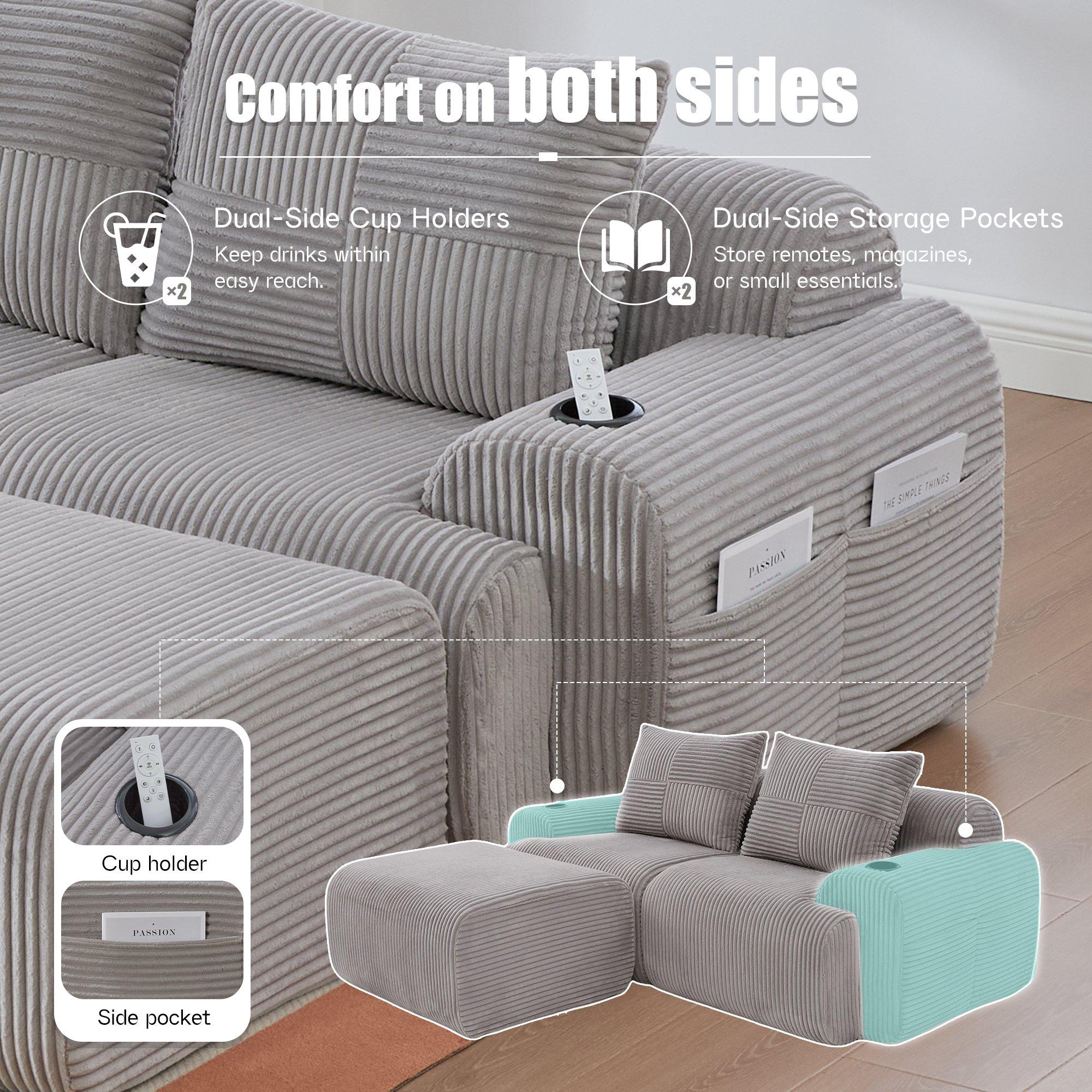 Light Gray - Urban Meuble - Modular Corduroy Sofa with Ottomans - 10