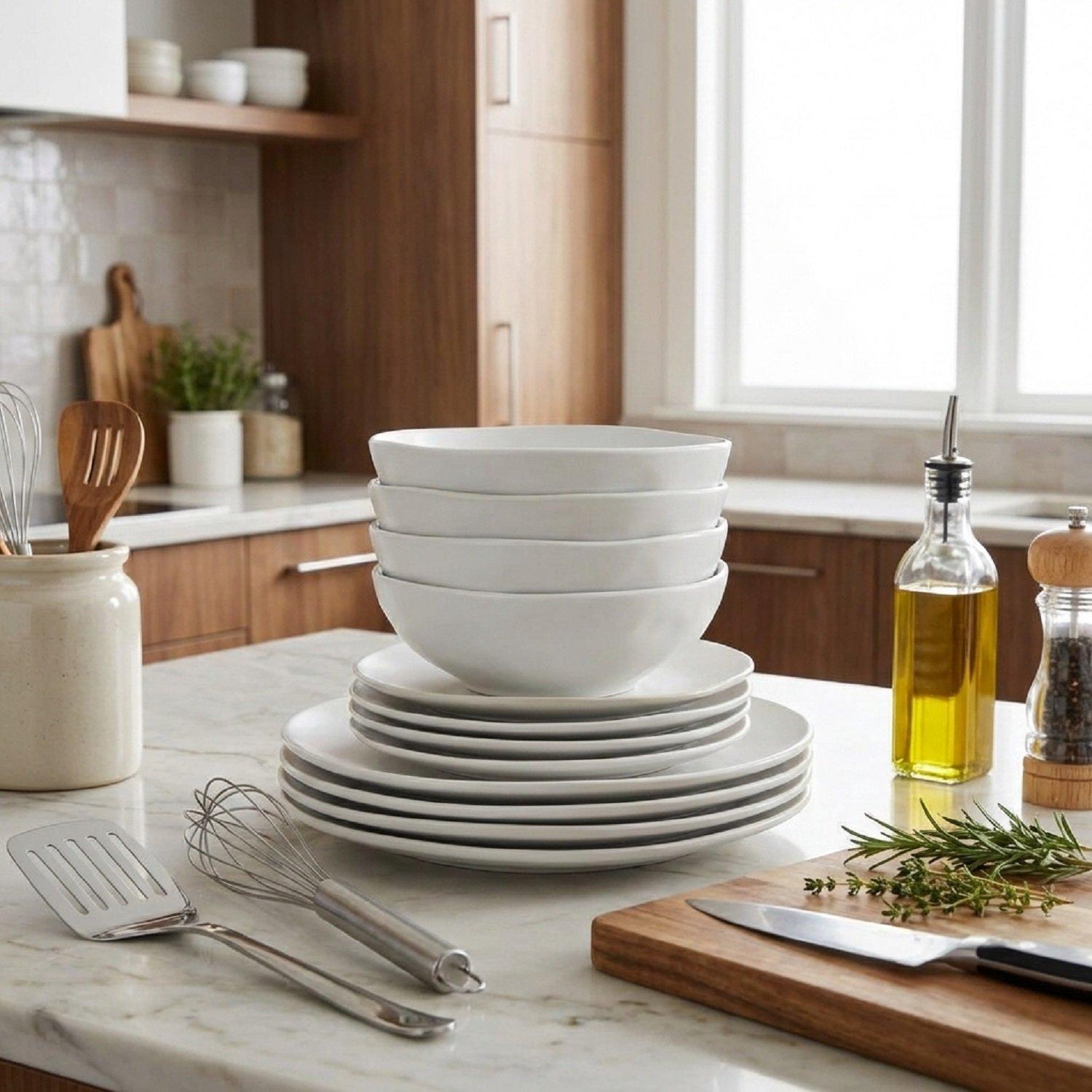 White - Waterside - 12PC White Organic Irregular Shape Dinner Set - 1