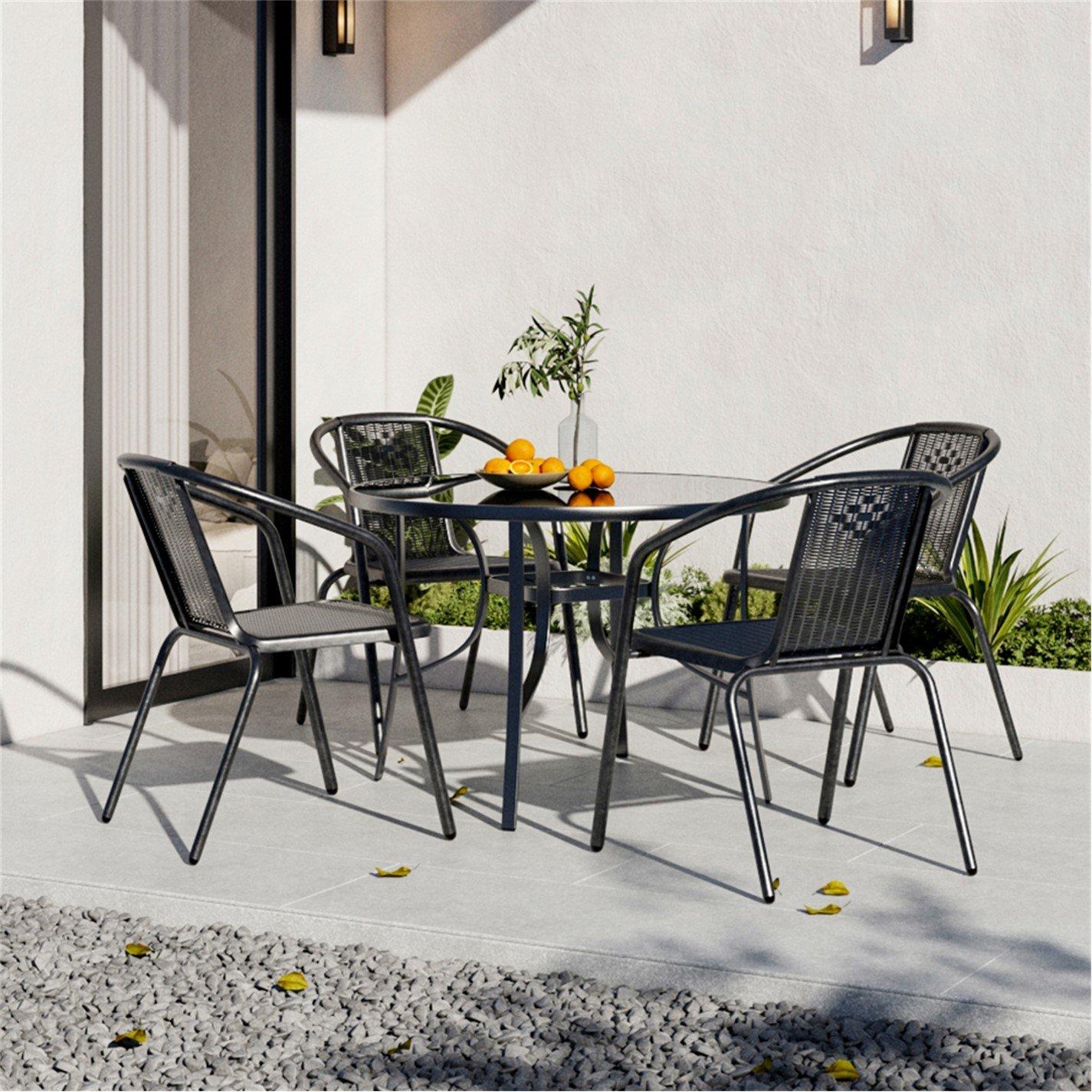 Black - Breeins - Round Metallic Table with 4 Rattan Chairs - 2