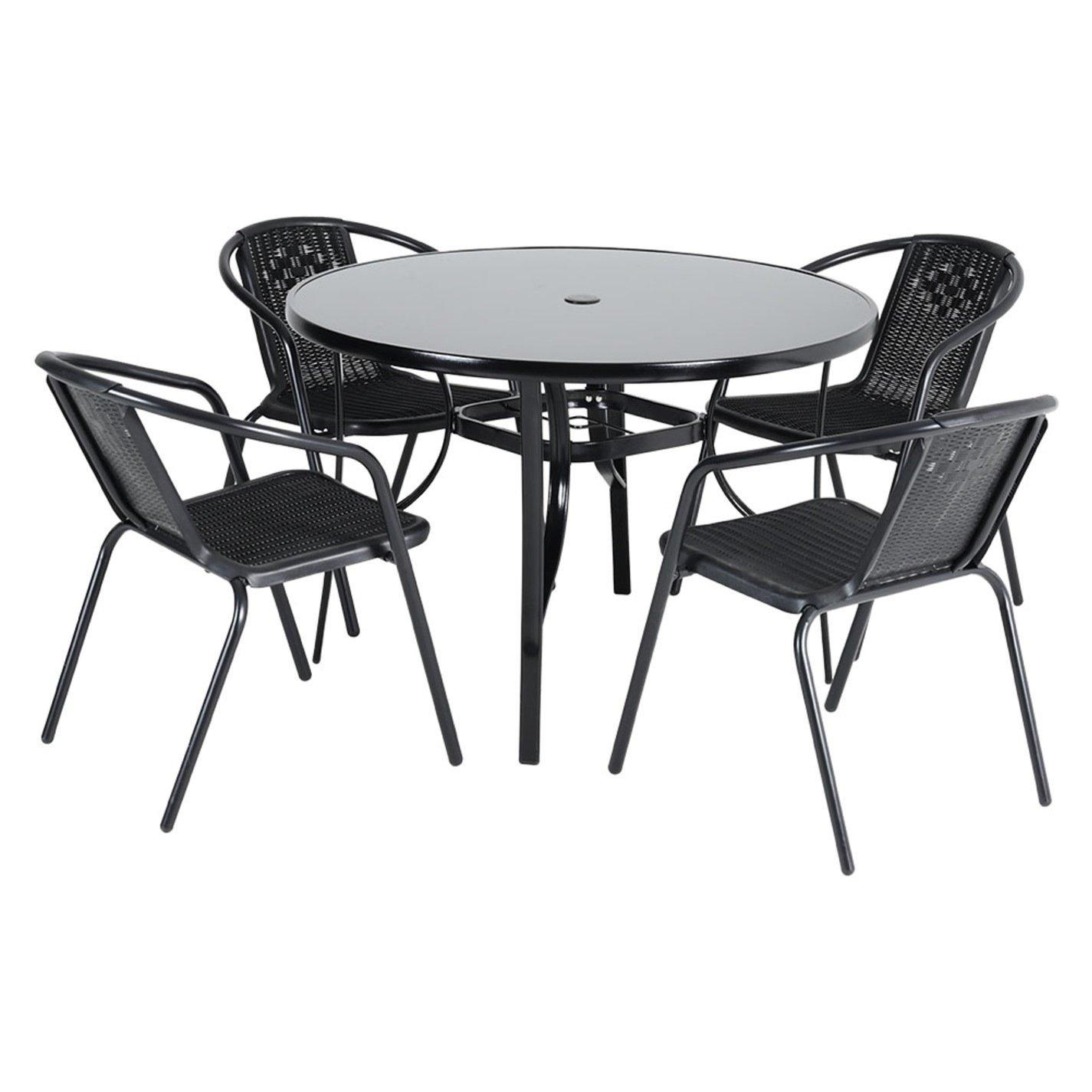 Black - Breeins - Round Metallic Table with 4 Rattan Chairs - 4