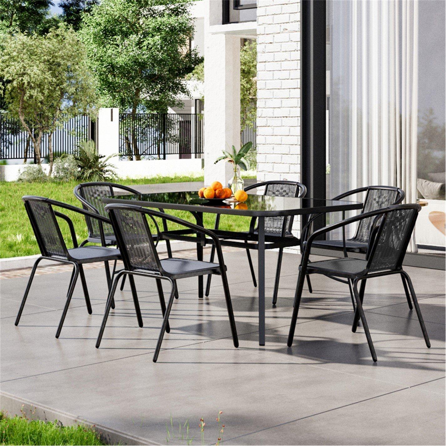 Black - Breeins - 1.5m Rectangle Garden Table with 6 Rattan Chairs - 1