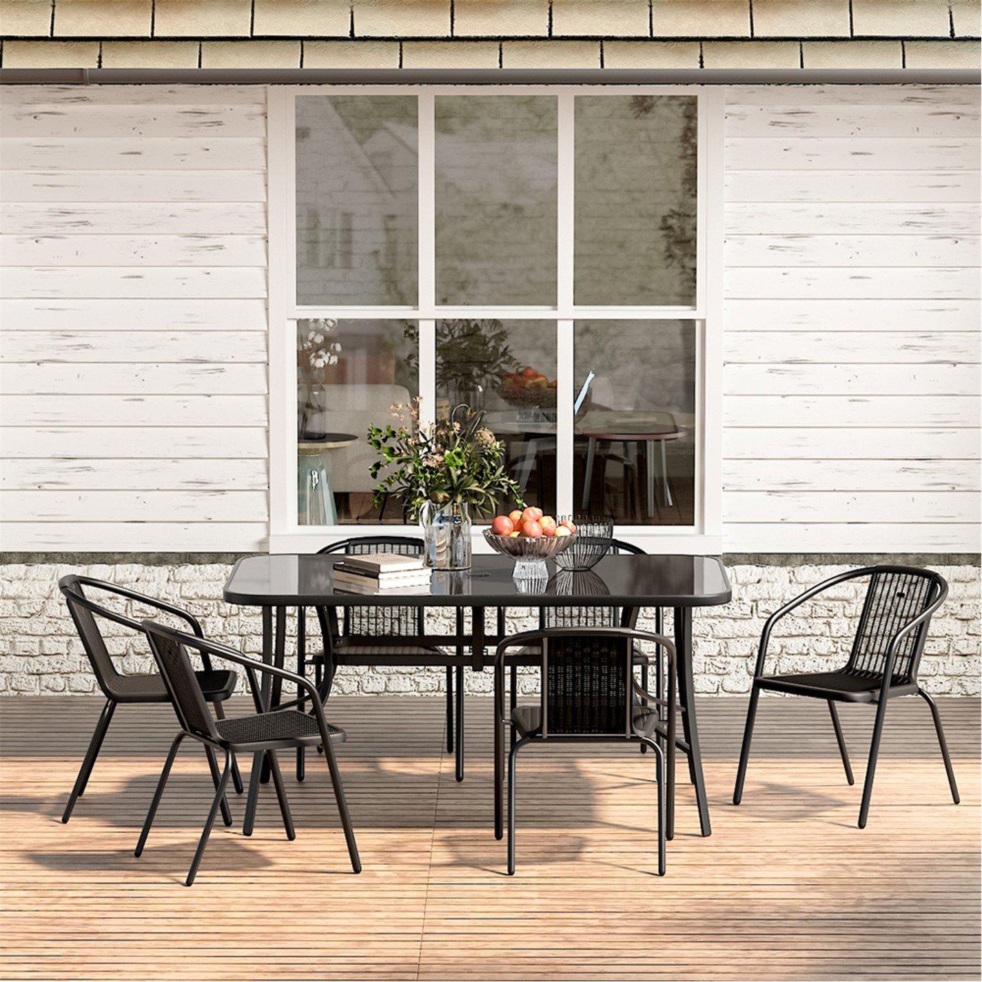Black - Breeins - 1.5m Rectangle Garden Table with 6 Rattan Chairs - 4