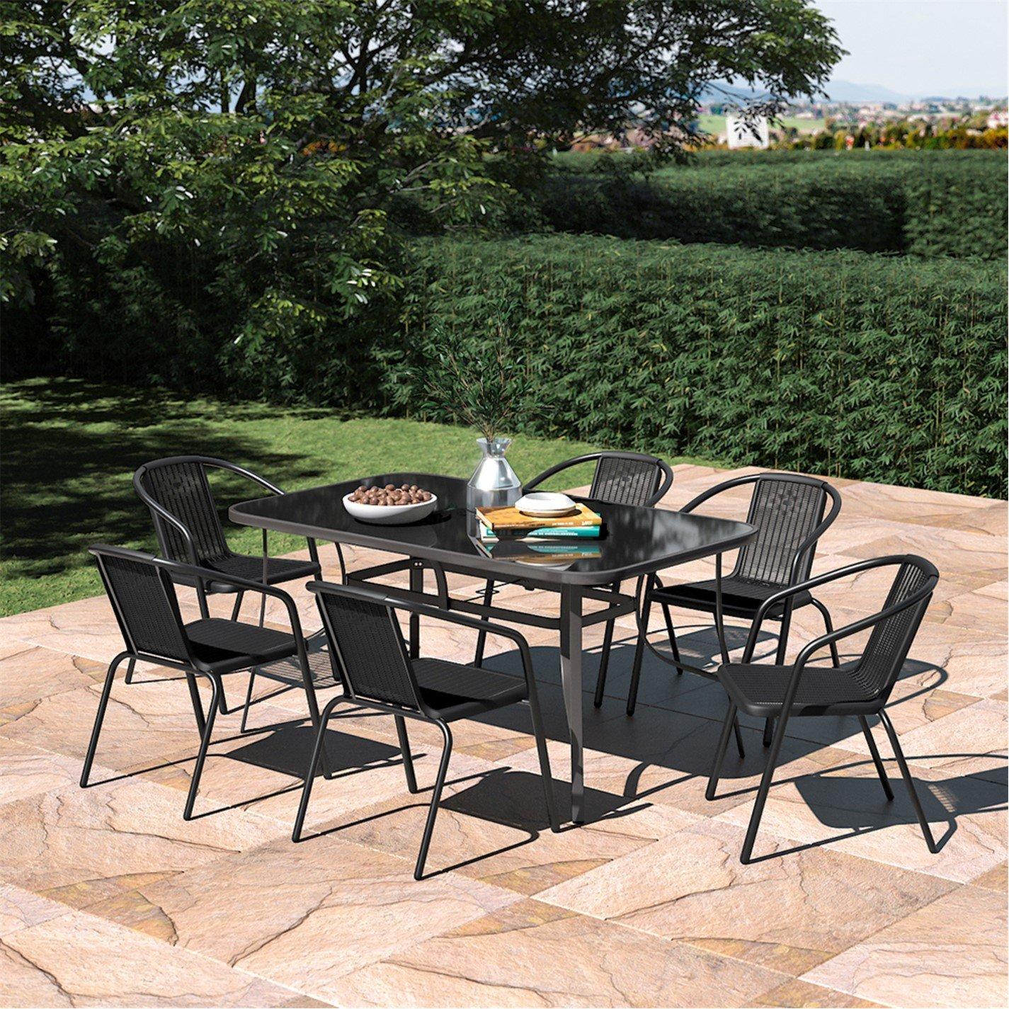 Black - Breeins - 1.5m Rectangle Garden Table with 6 Rattan Chairs - 5