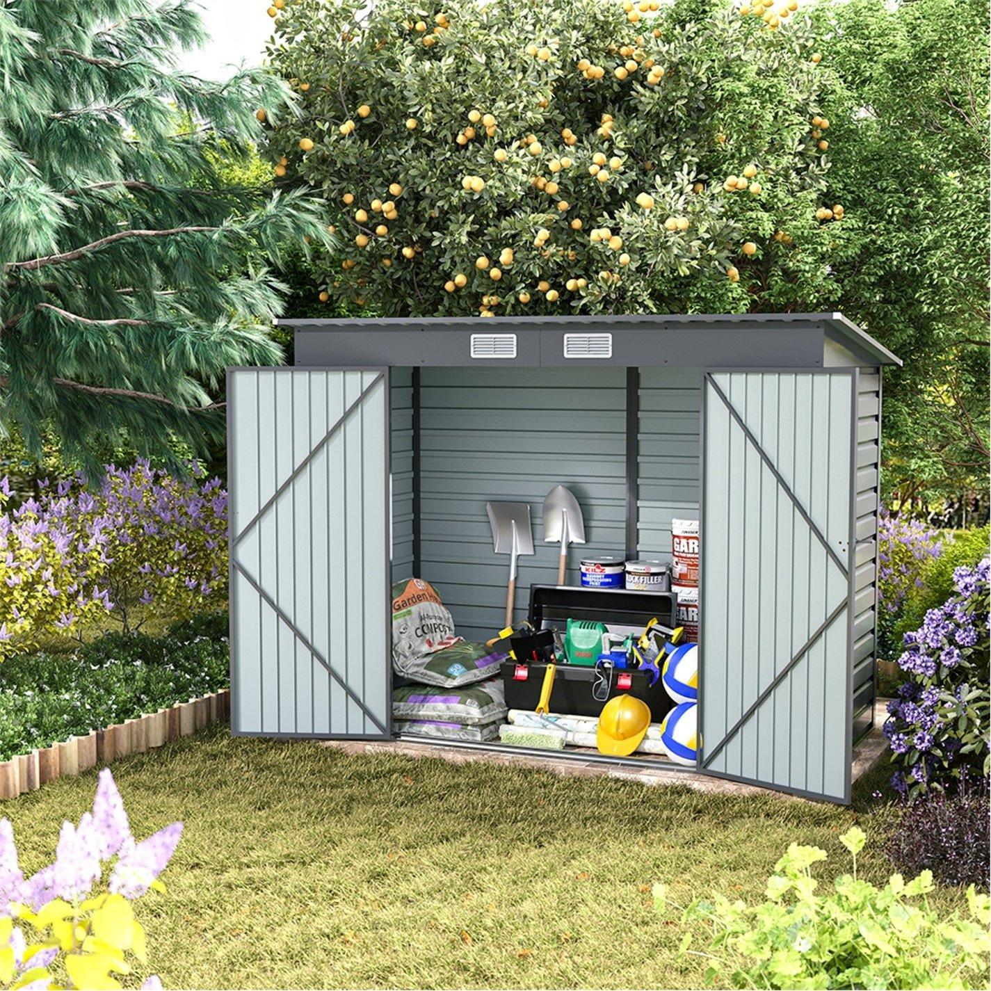 Grey - Breeins - Outdoor 8x4Fts Galvanized Steel Storage Shed Grey - 6