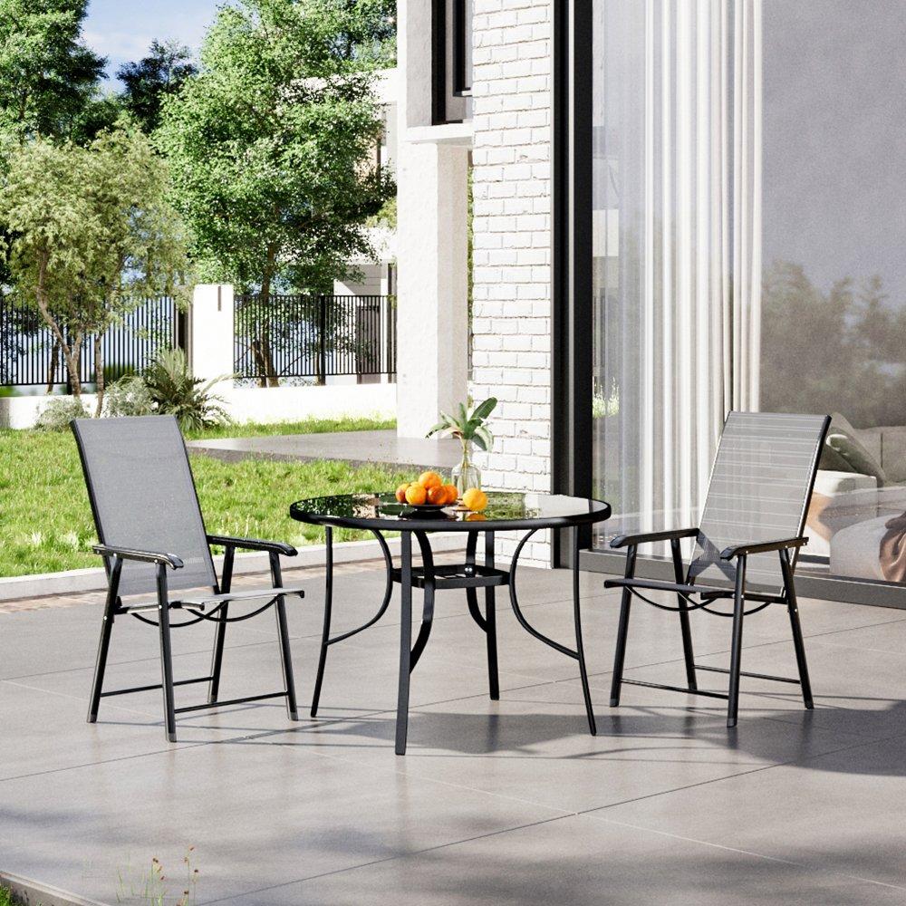 Black - Breeins - Round Glass Table with 2 Folding Chairs - 1