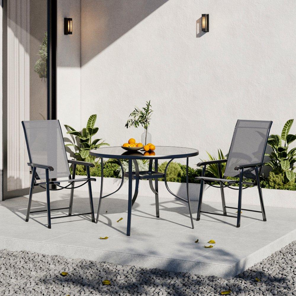 Black - Breeins - Round Glass Table with 2 Folding Chairs - 2