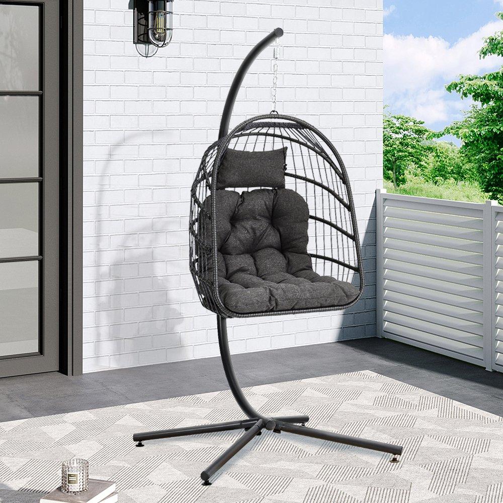 Black - Breeins - Rattan Hanging Chair with Stand and Cushion Black - 1
