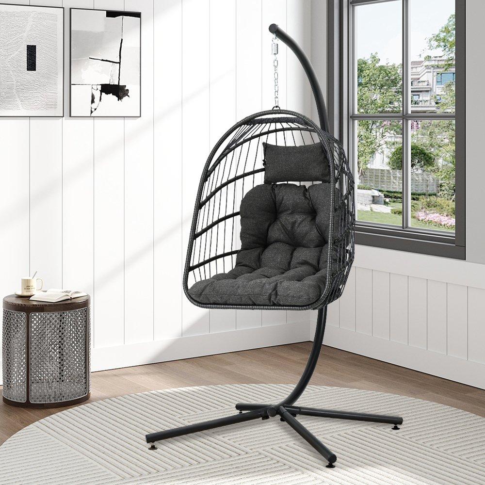 Black - Breeins - Rattan Hanging Chair with Stand and Cushion Black - 2