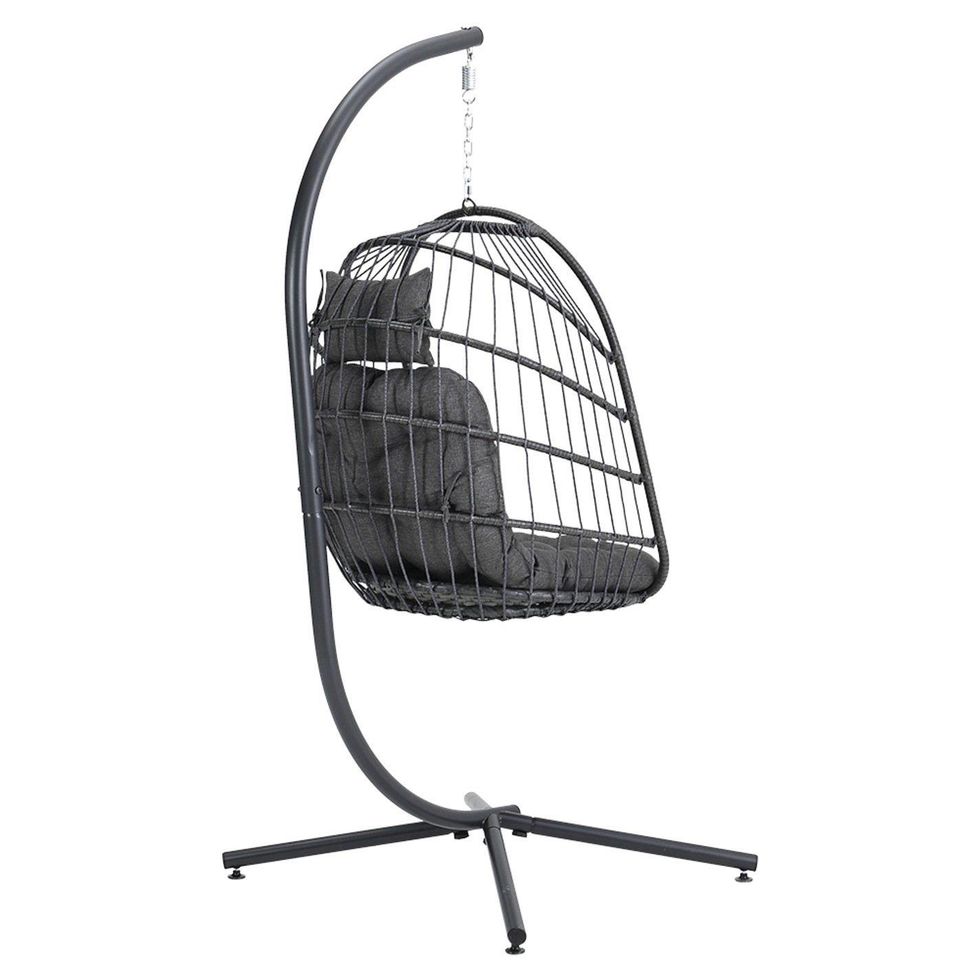 Black - Breeins - Rattan Hanging Chair with Stand and Cushion Black - 3