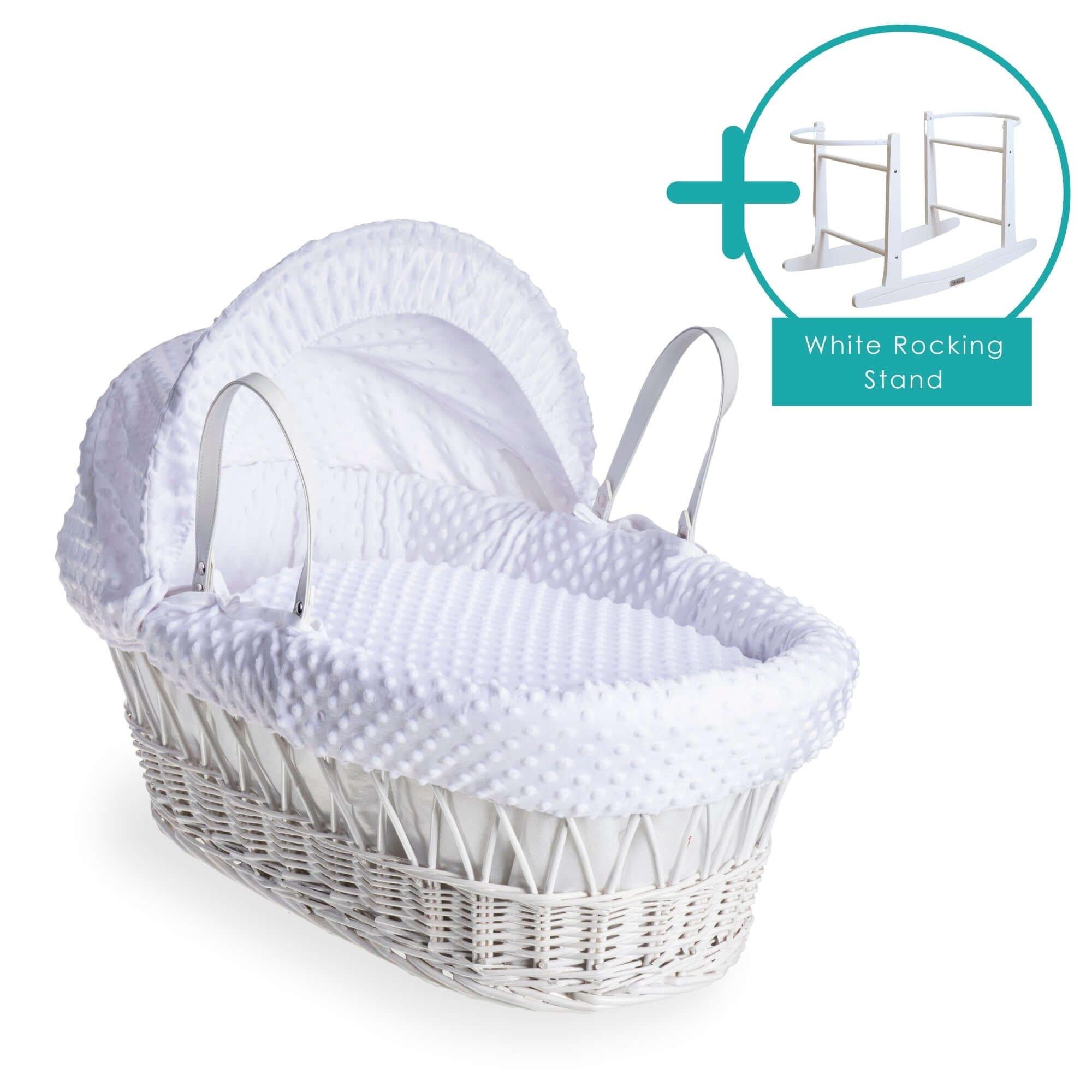 White/White - Clair De Lune - Dimple White Wicker Moses Basket & Rocking Stand - 1