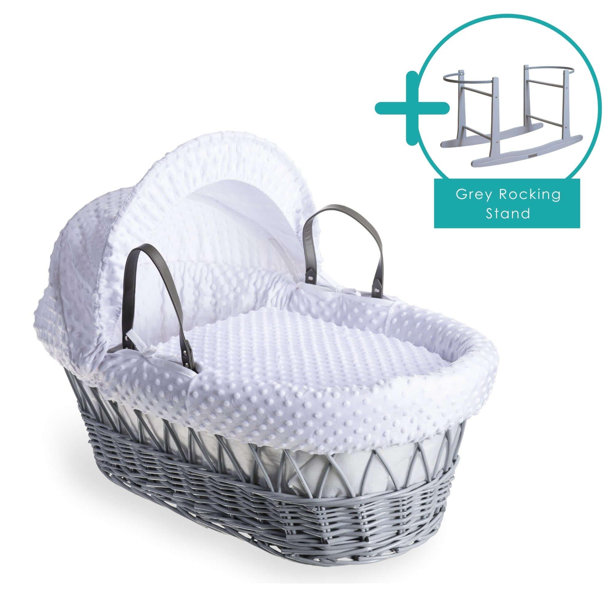 Clair De Lune  Newborn Dimple Wicker Moses Basket & Rocking Stand - White/Grey - Moses
