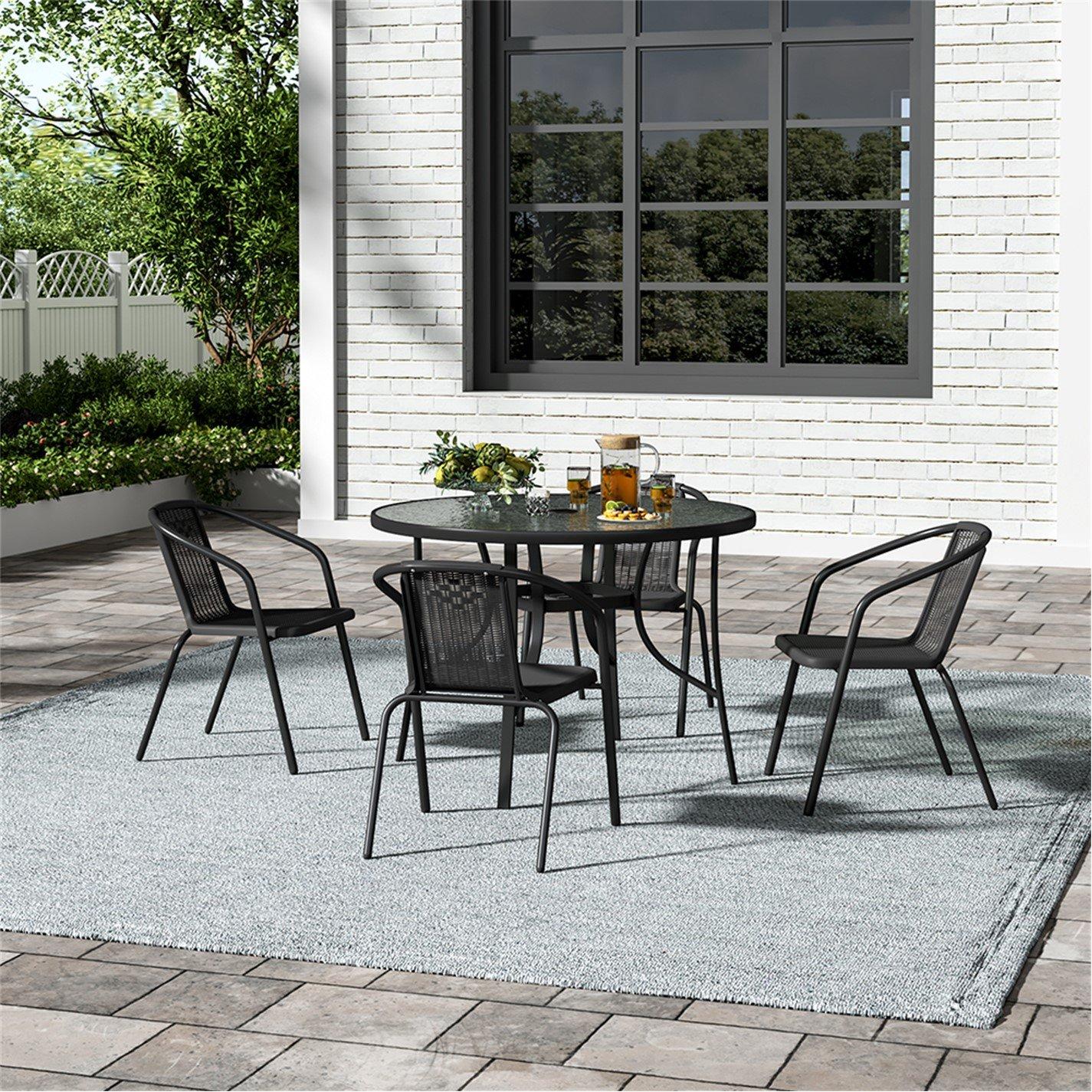 Black - Breeins - Tempered Glass Outdoor Table with 4 Rattan Chairs - 1