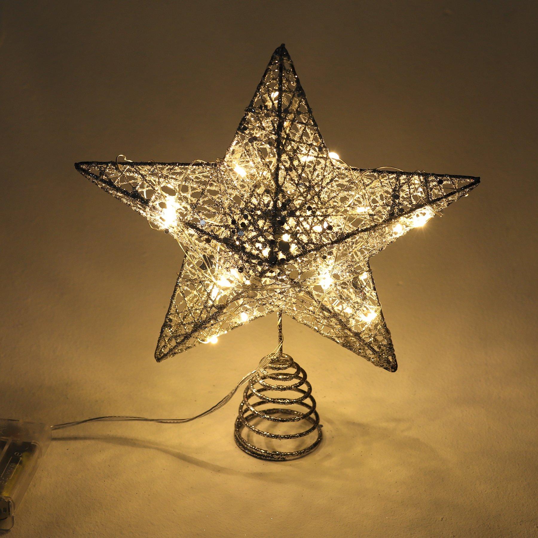 Silver - LIFE IDEAS - Star Sequins Tree Topper with LED Lights - 2