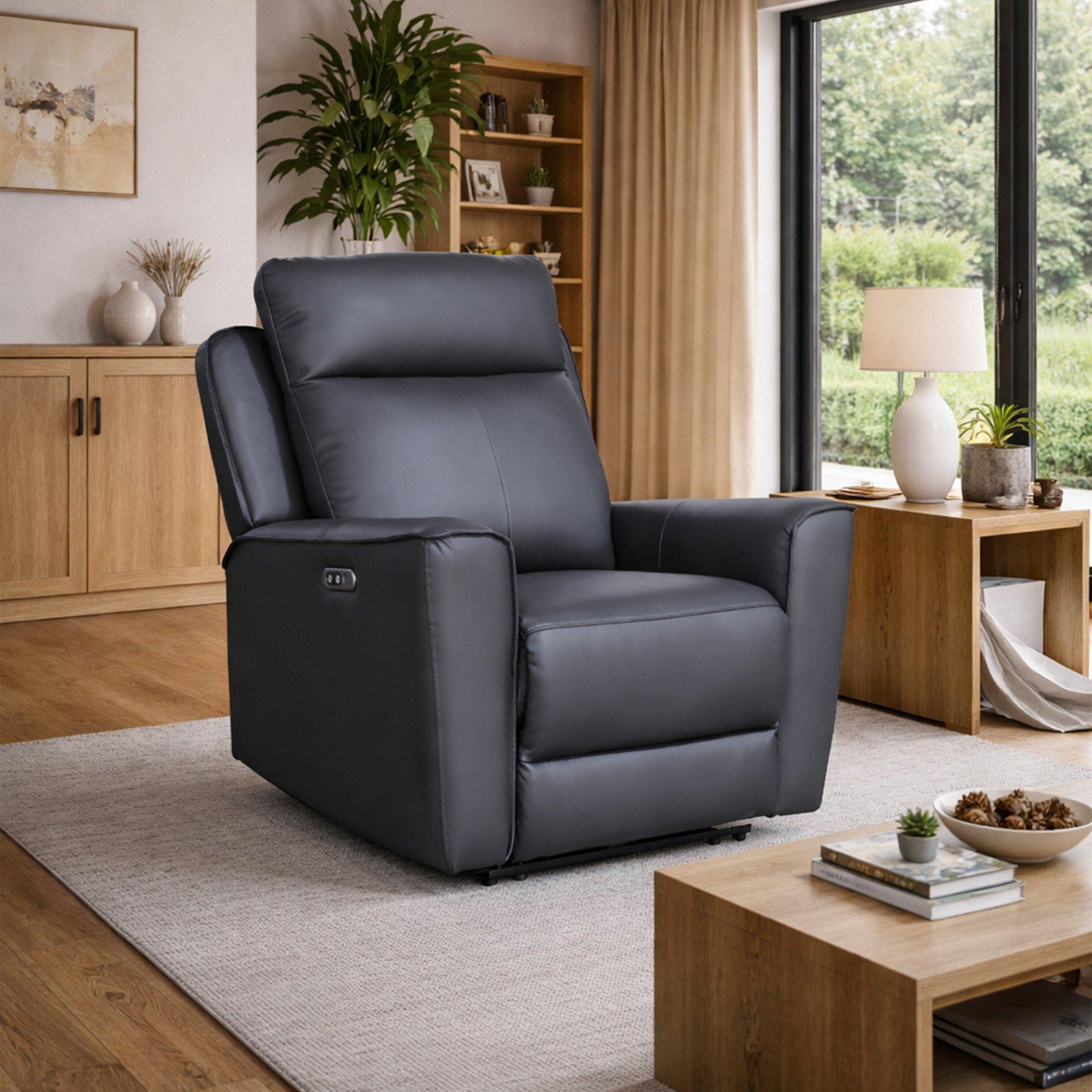 Elmhurst Charcoal Leather Power Recliner Armchair With Usb And Usb-C Charging - Size: 103 X 100 X 95Cm - Wilko Pewter Aspire - Image 7