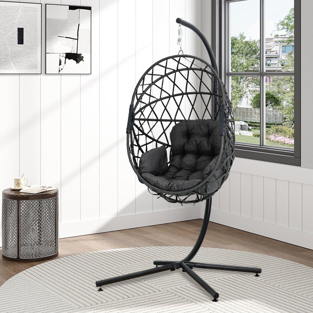 Black - Breeins - Rattan Swing Chair with Stand and Cushion Black - 2