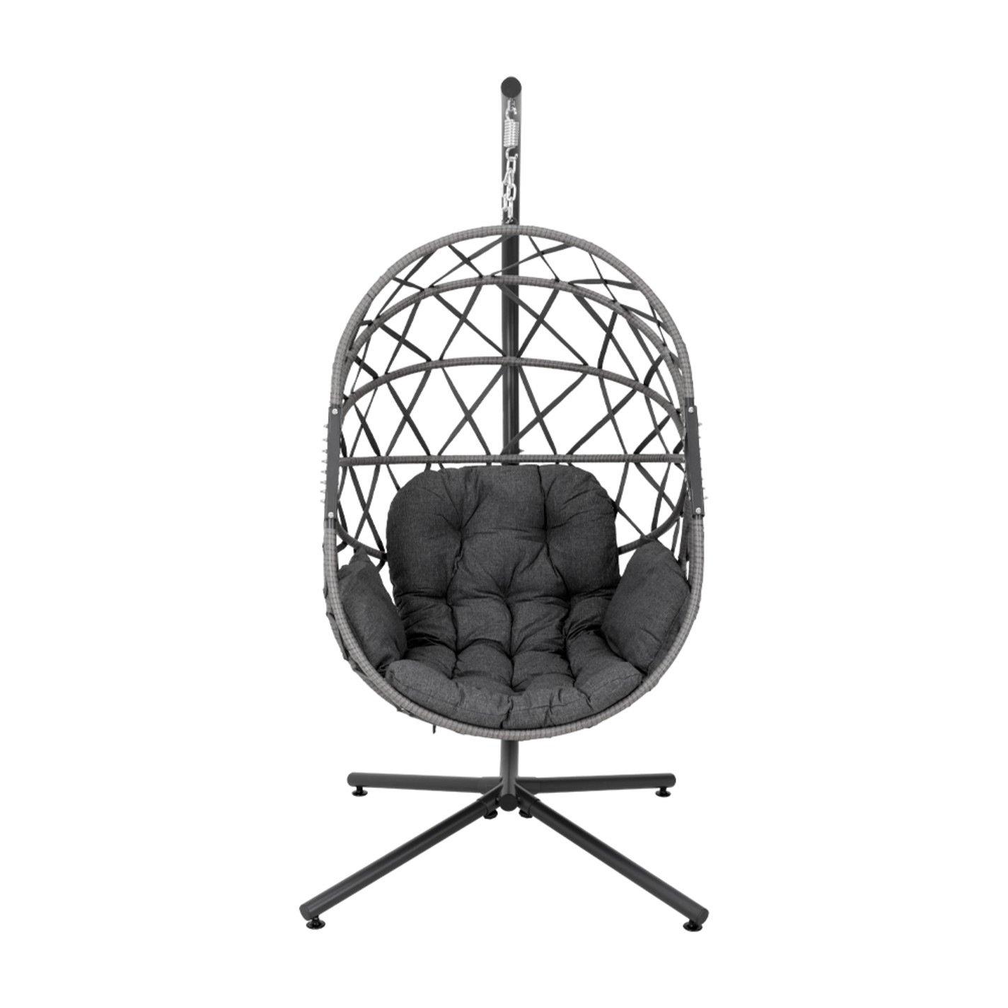 Black - Breeins - Rattan Swing Chair with Stand and Cushion Black - 4