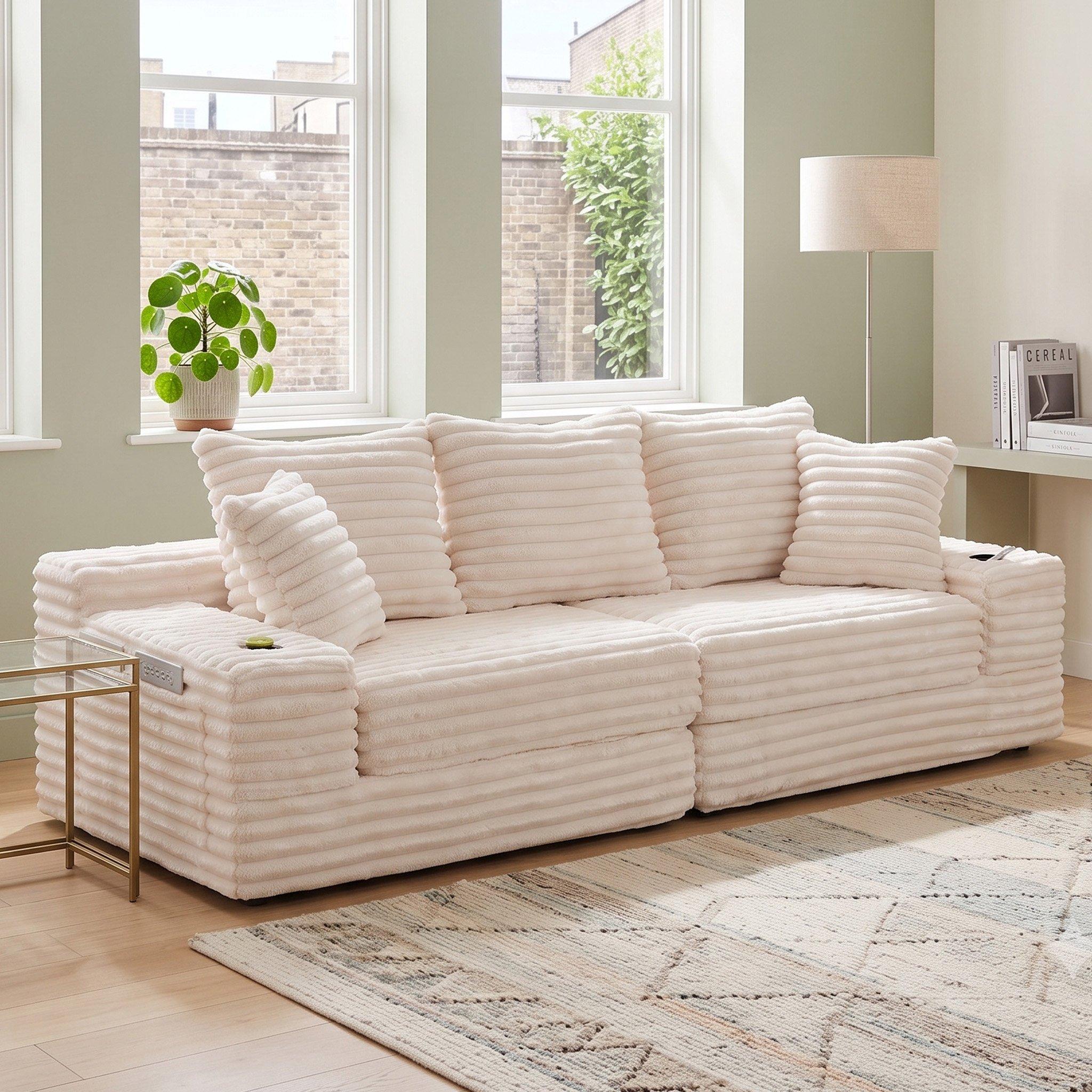 Beige - Urban Meuble - Corduroy Convertible Sofa Bed - 1