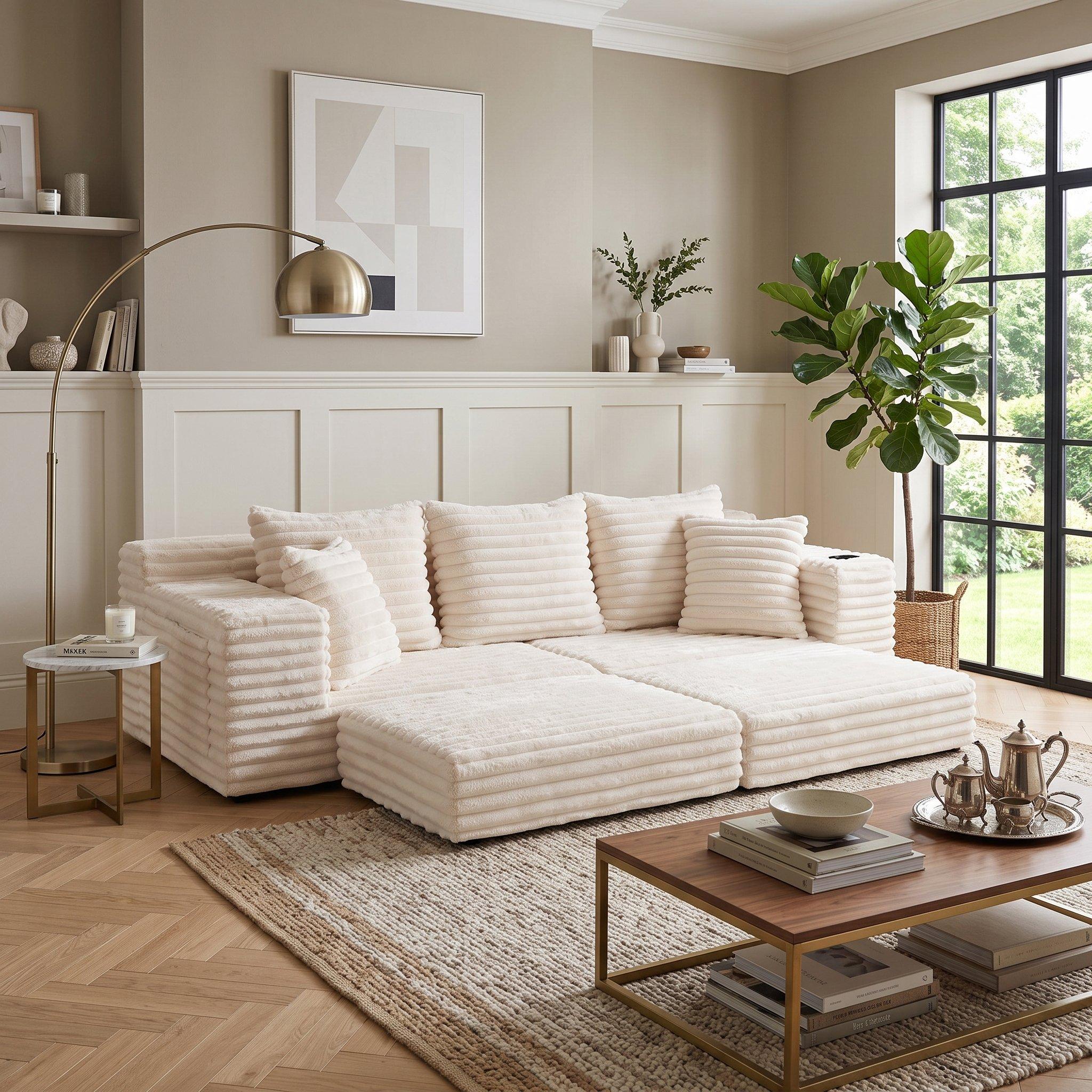 Beige - Urban Meuble - Corduroy Convertible Sofa Bed - 2