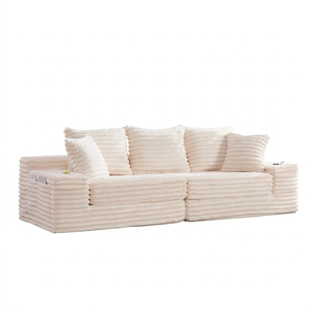 Beige - Urban Meuble - Corduroy Convertible Sofa Bed - 14