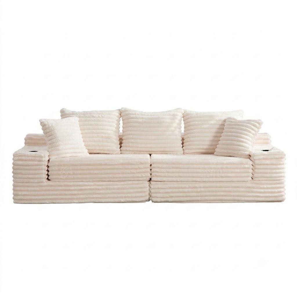 Beige - Urban Meuble - Corduroy Convertible Sofa Bed - 5