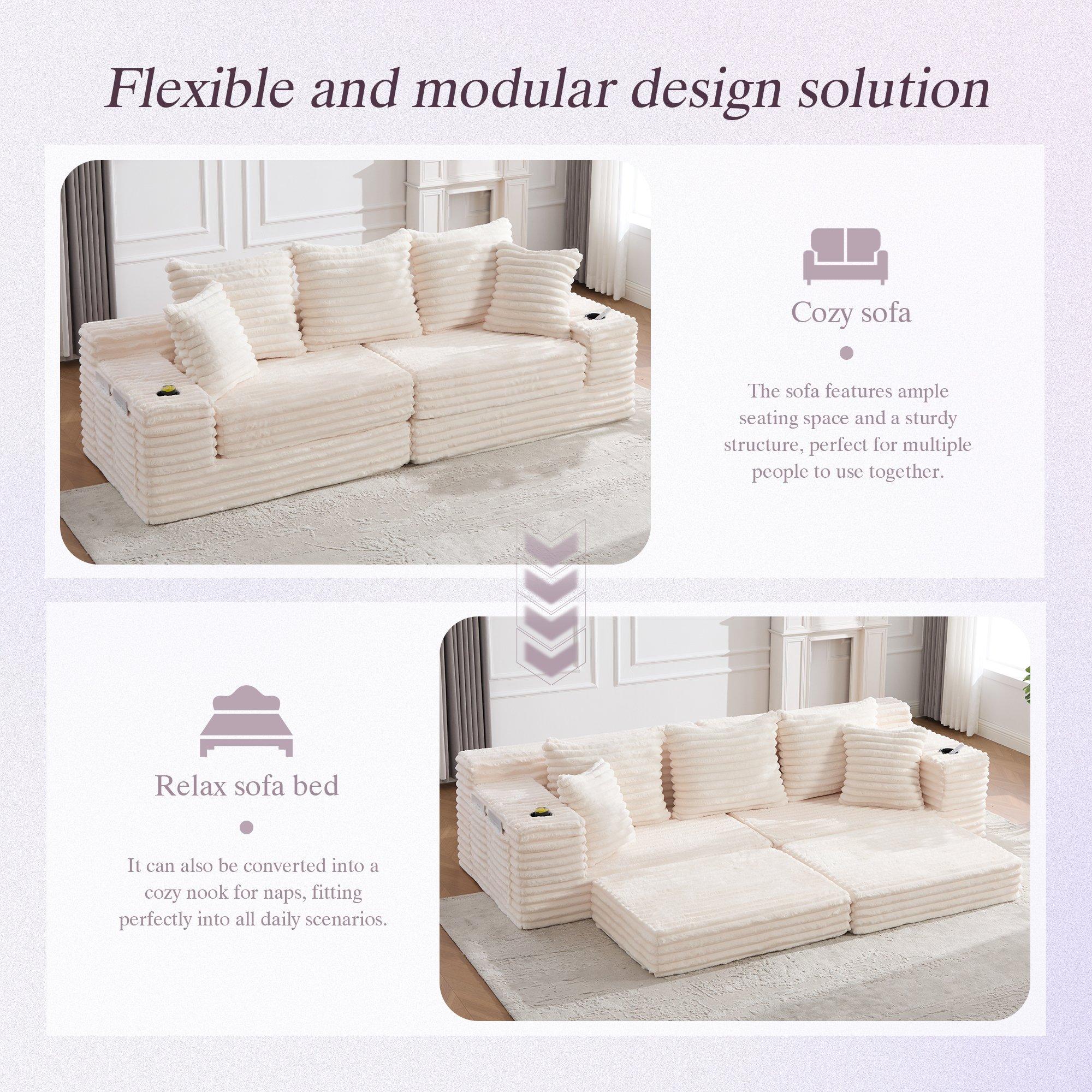 Beige - Urban Meuble - Corduroy Convertible Sofa Bed - 7