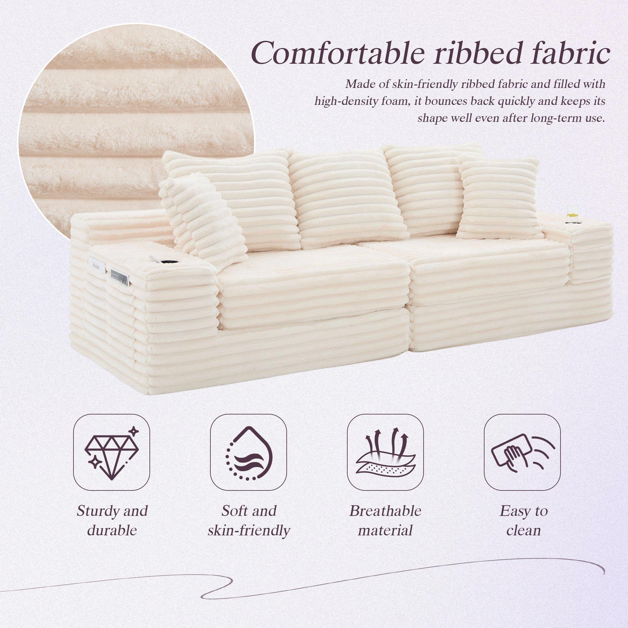 Beige - Urban Meuble - Corduroy Convertible Sofa Bed - 8