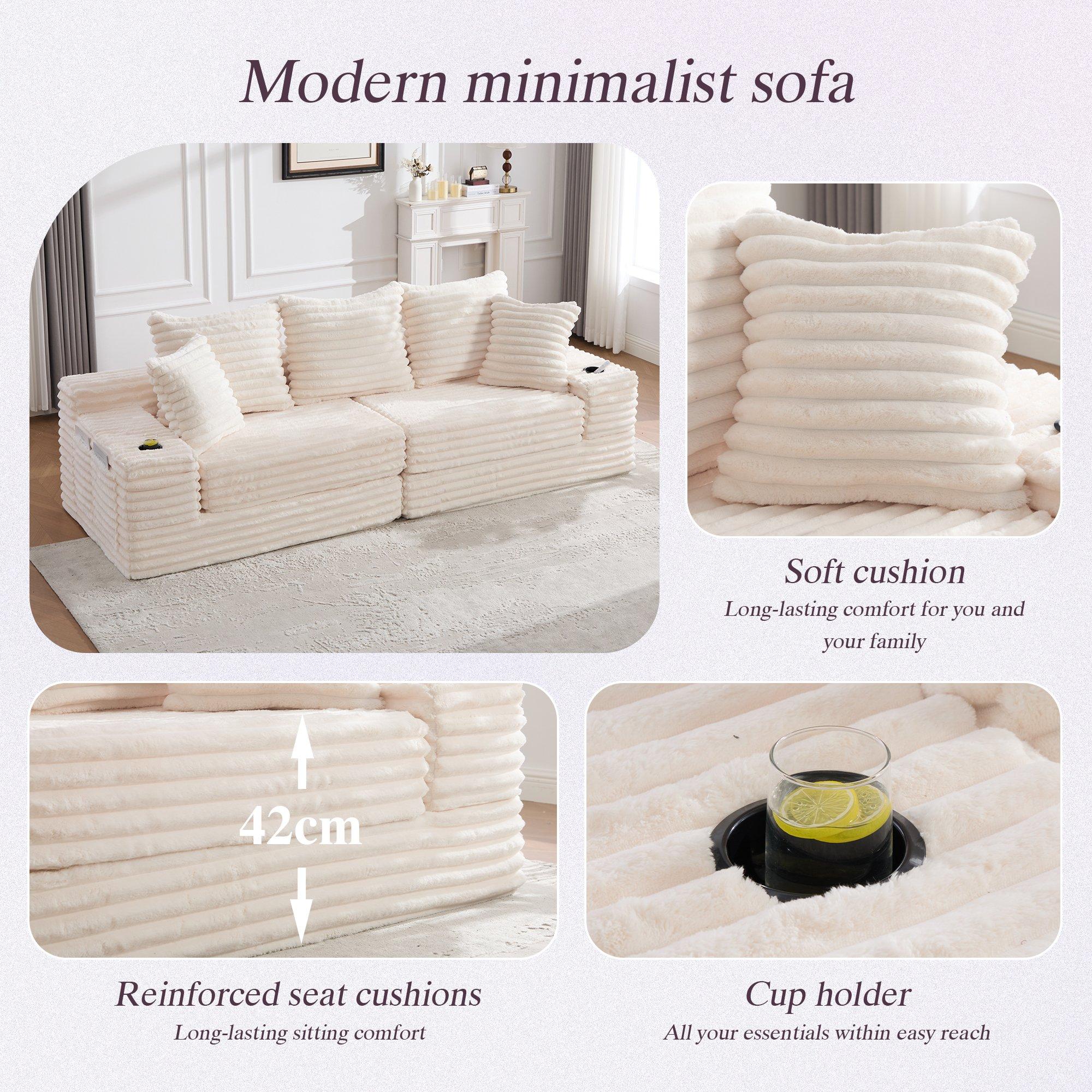 Beige - Urban Meuble - Corduroy Convertible Sofa Bed - 9