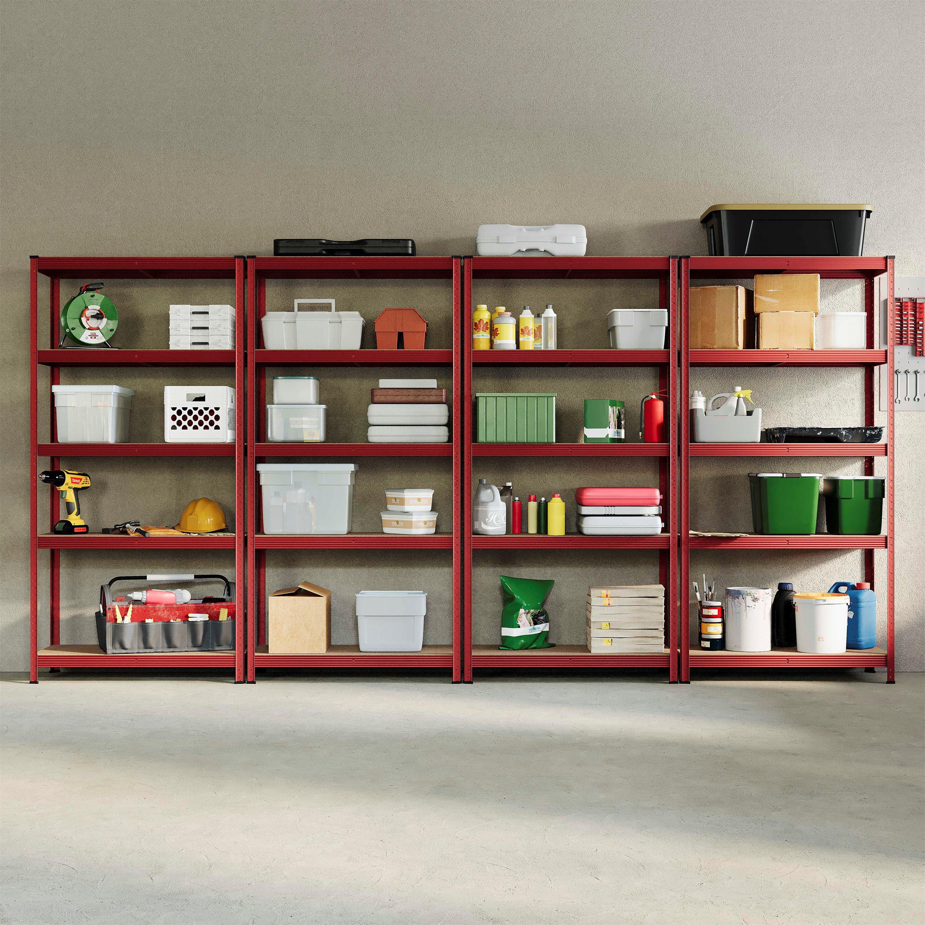 Red - Lassic - 5 Tier Heavy Duty Steel Garage Shelving - 4 Bay - 3