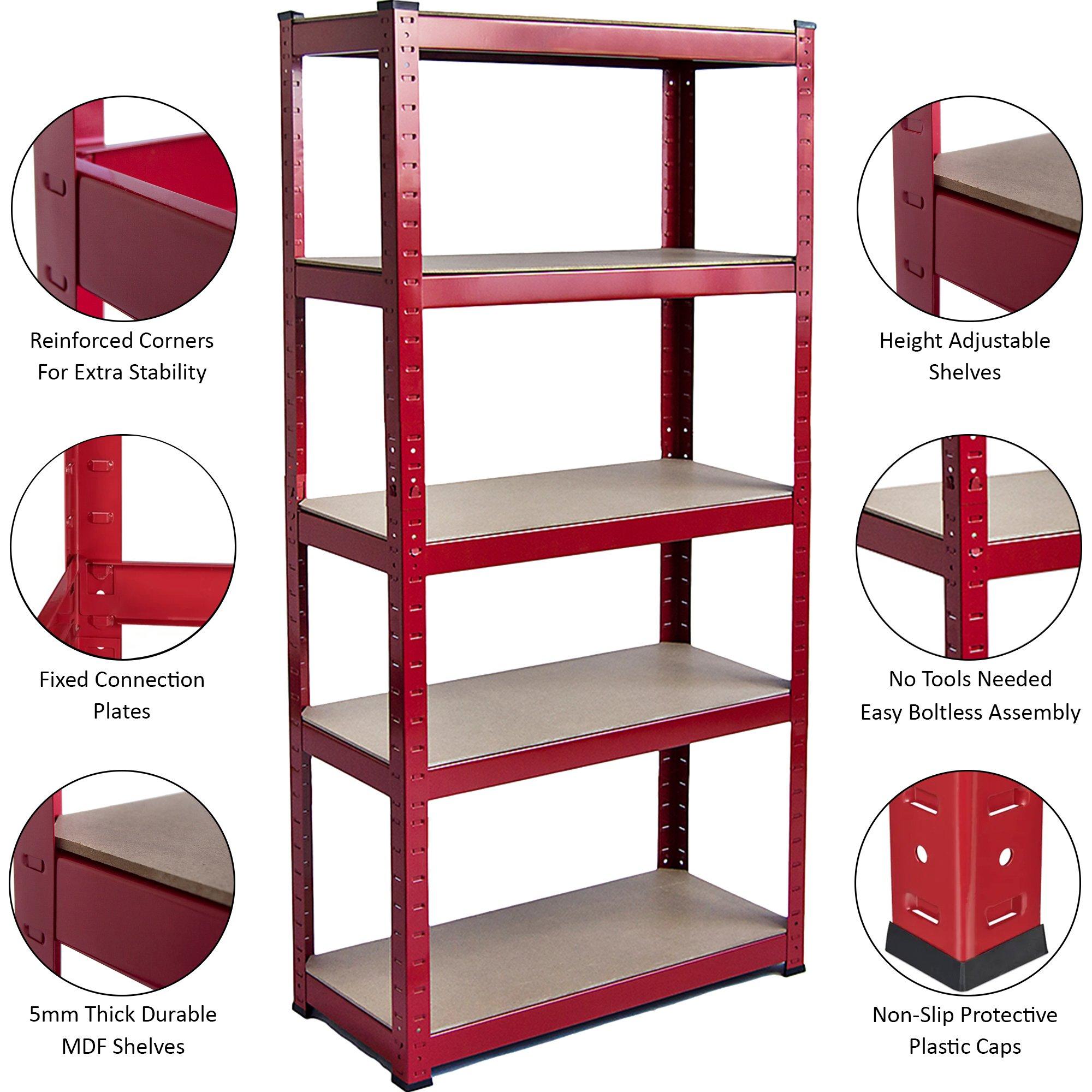 Red - Lassic - 5 Tier Heavy Duty Steel Garage Shelving - 4 Bay - 7