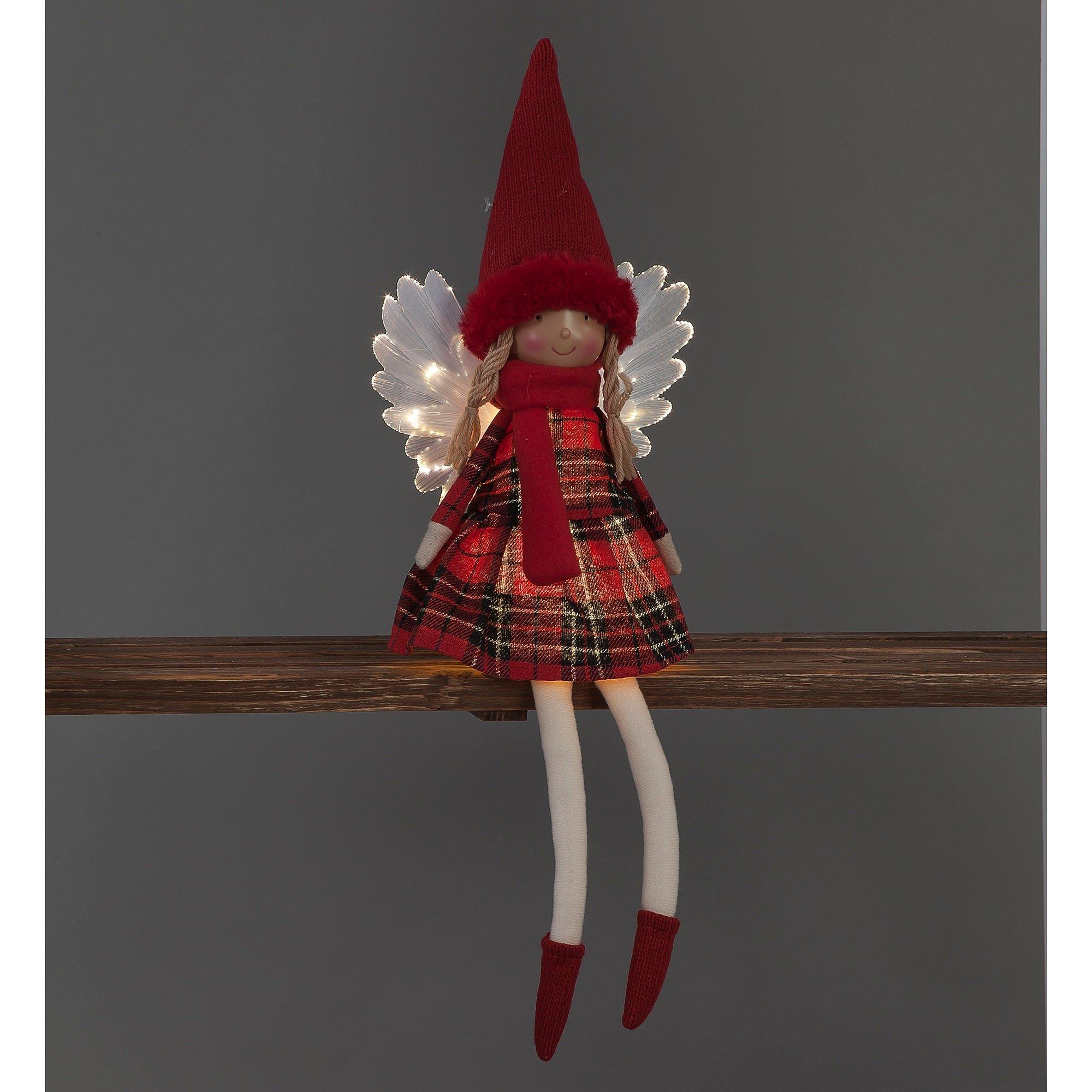 Red - Snowtime - LED Lit Sitting 50cm Red Tartan Angel