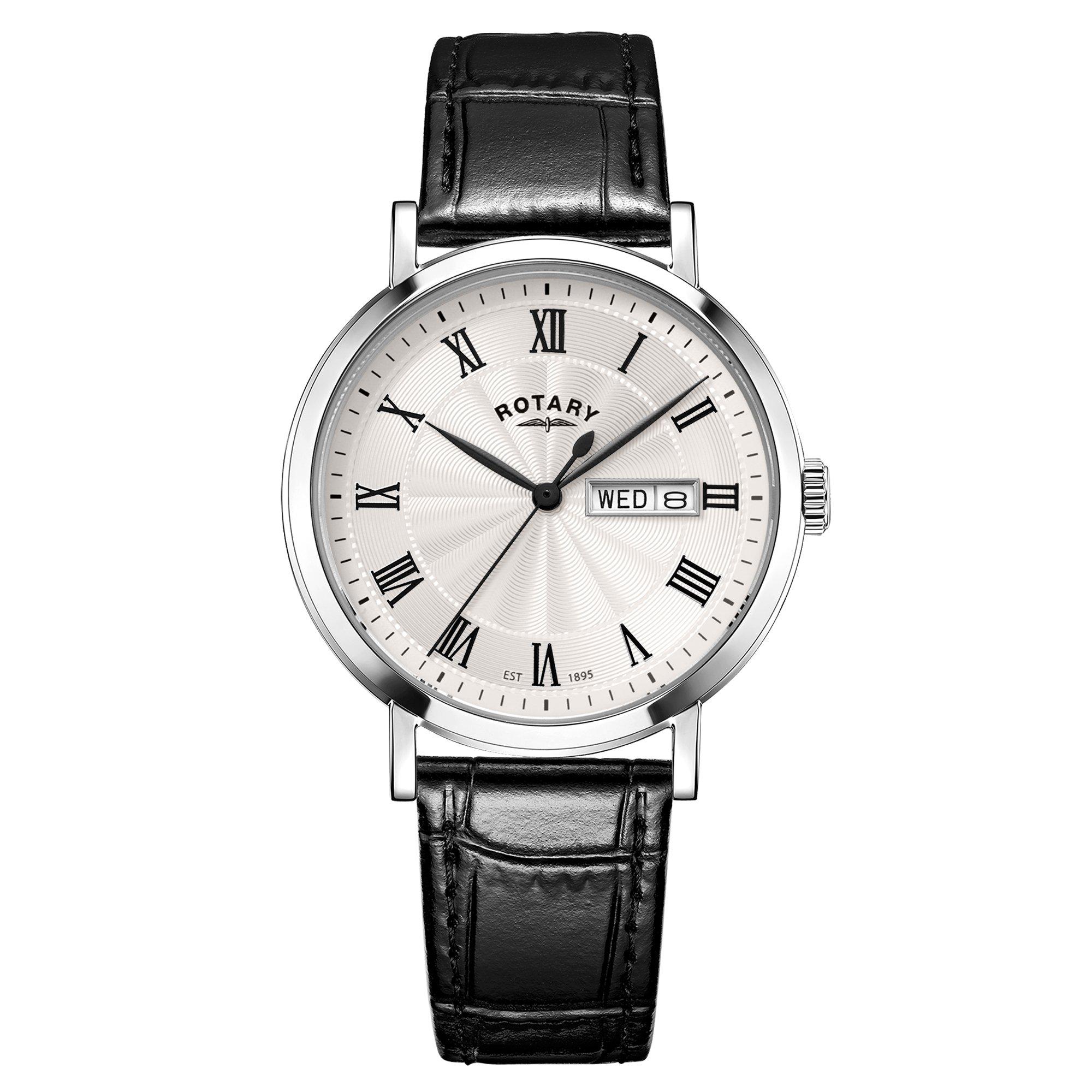 Black - Rotary - Rotary Mens Heritage SS Black Leather Strap Watch - 1