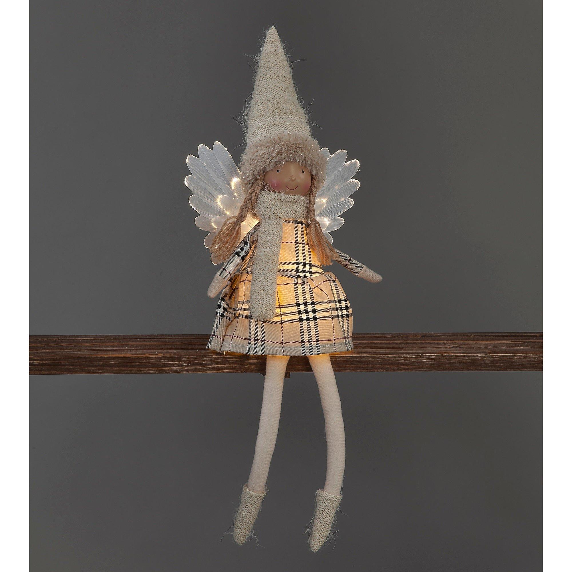 Cream - Snowtime - Sitting LED Lit 50cm Cream Tartan Angel