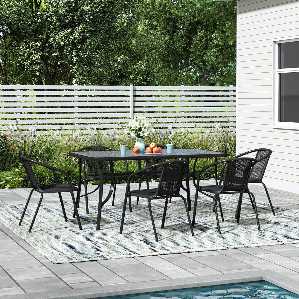 Black - Breeins - 1.5m Tempered Glass Table with 6 Rattan Chairs - 1