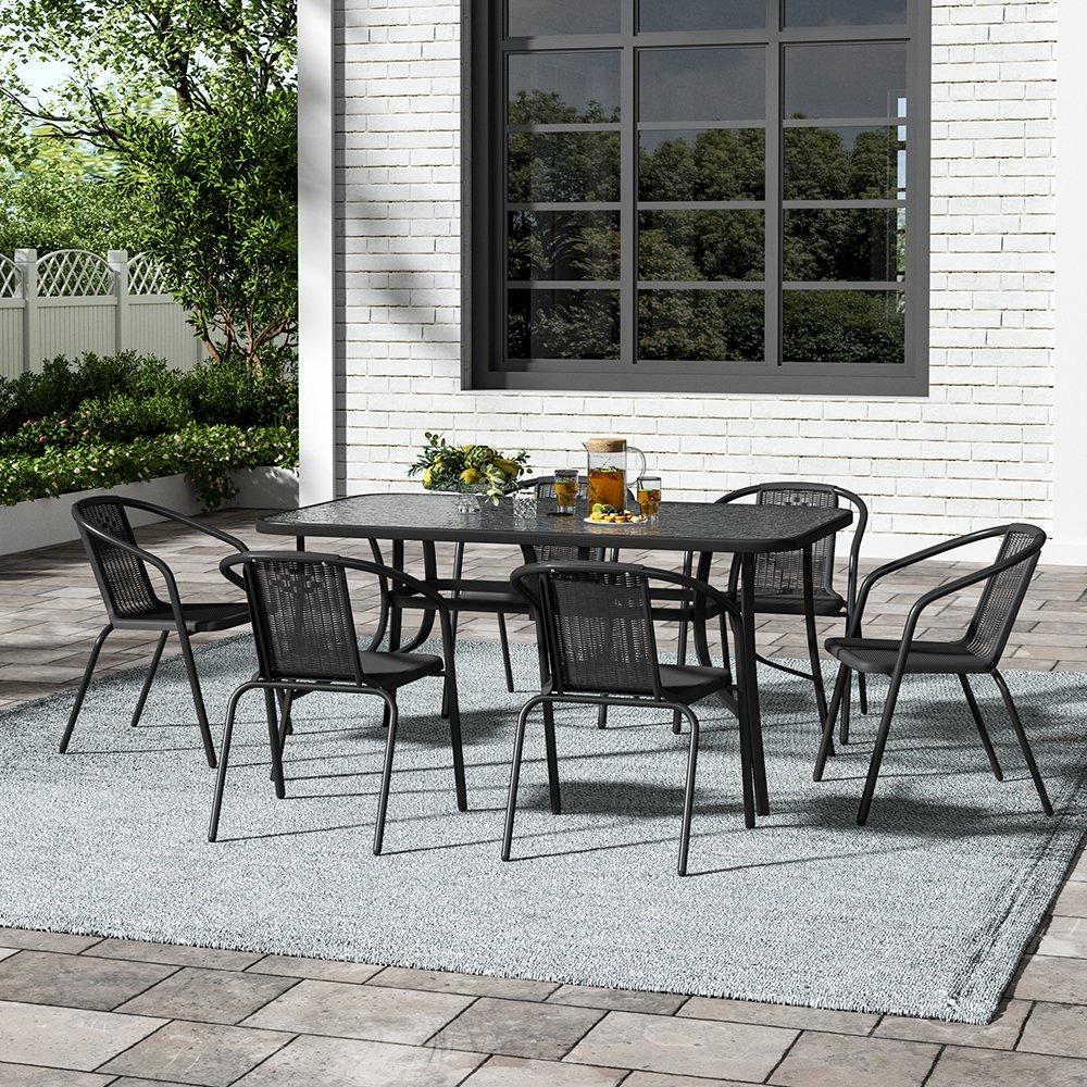 Black - Breeins - 1.5m Tempered Glass Table with 6 Rattan Chairs - 2