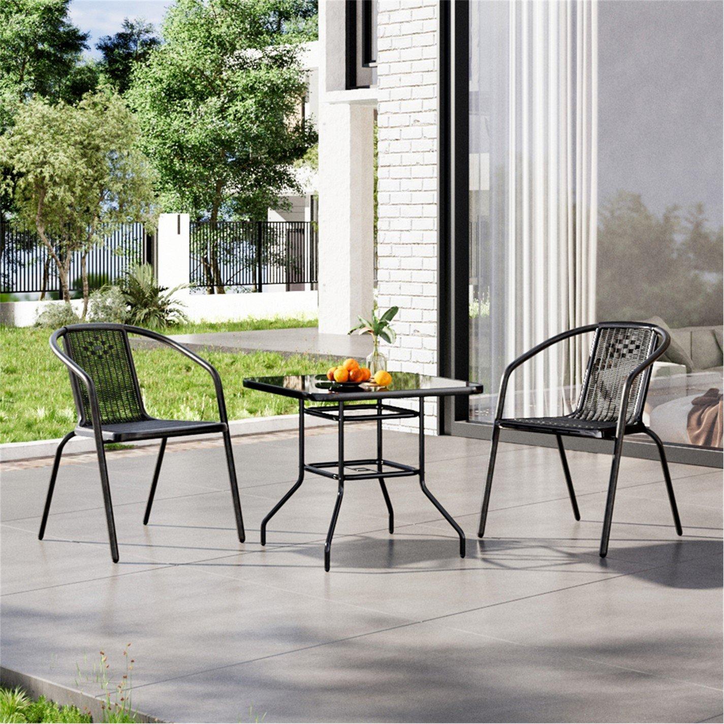 Black - Breeins - Tempered Glass Table with 2 Seater Rattan Chairs - 1