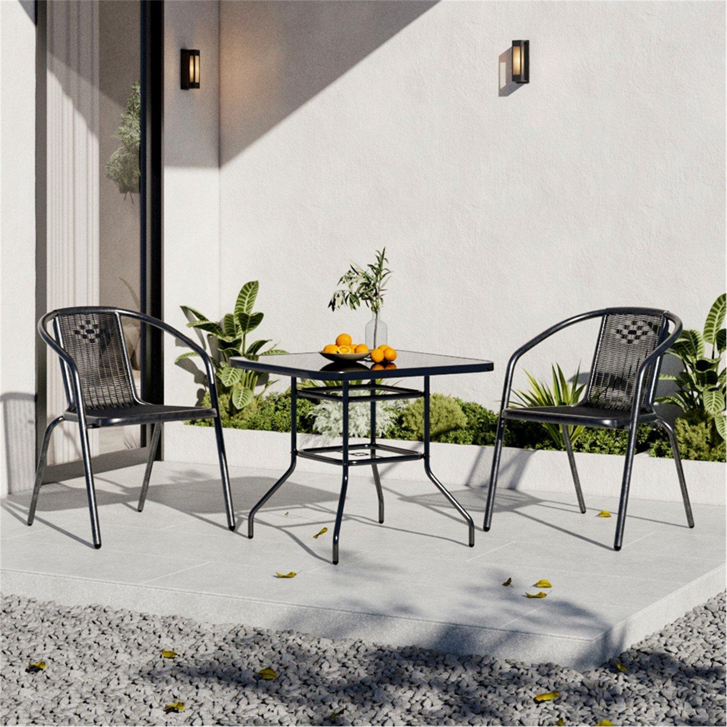 Black - Breeins - Tempered Glass Table with 2 Seater Rattan Chairs - 2