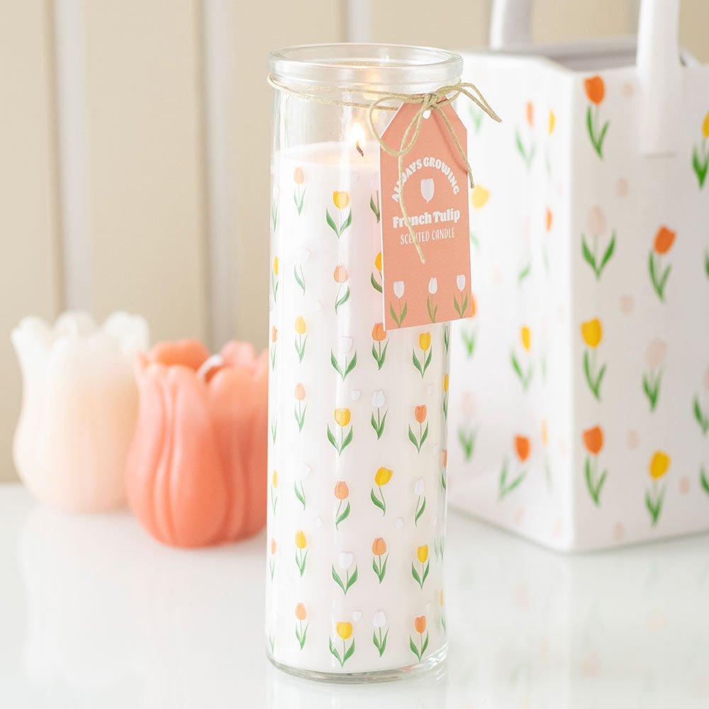 Something Different  Tulip Print French Tulip Tube Candle - White